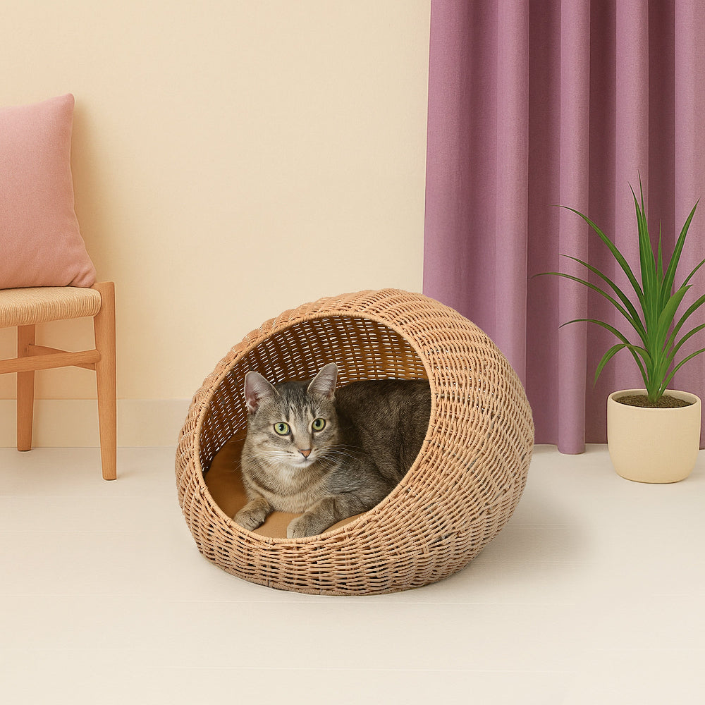 Fiora Modern Circular Faux Wicker Pet Bed with Machine-Washable Cushion Natural