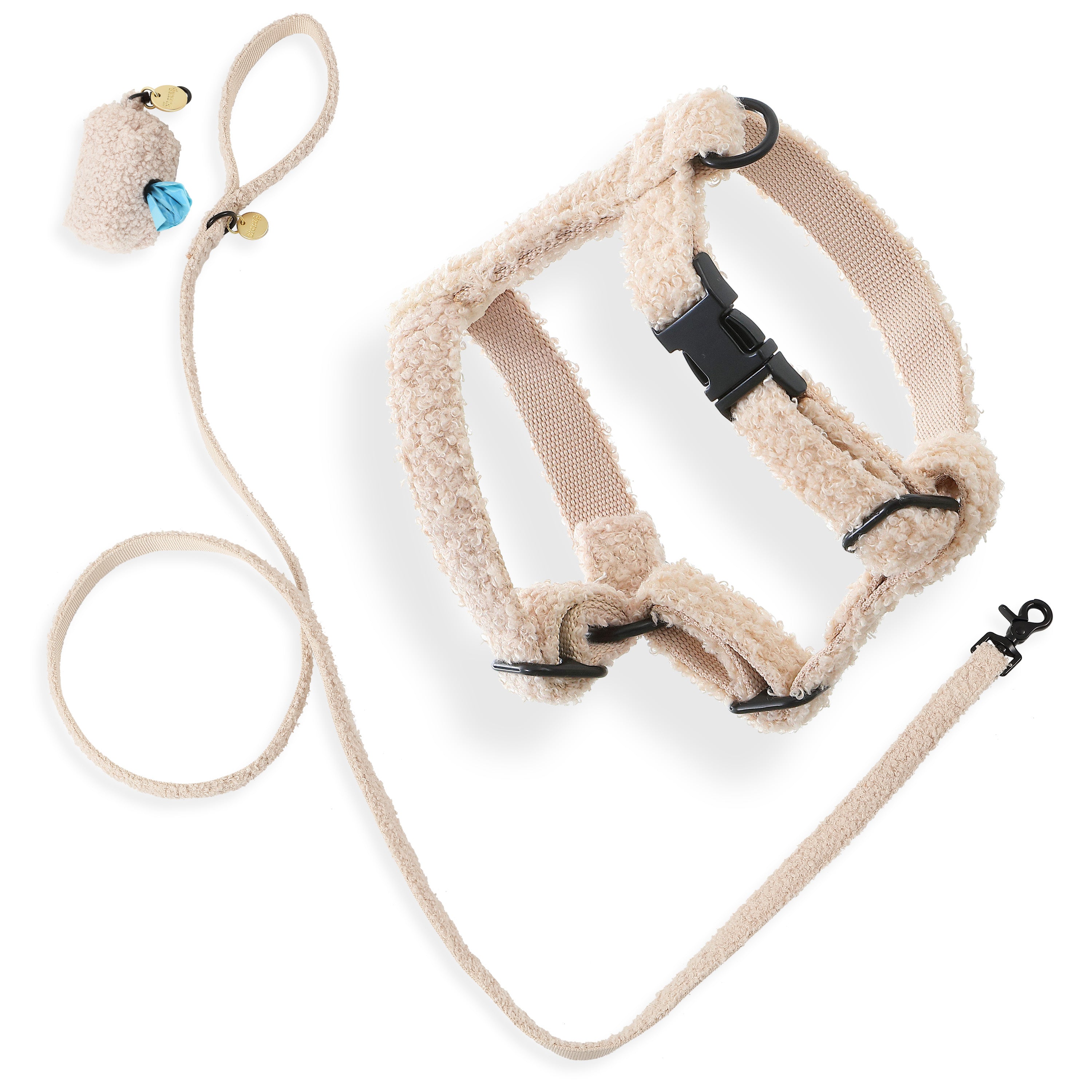Teddy Harness and Leash Walk Set with Poop Bag Pouch Beige Extra Small
