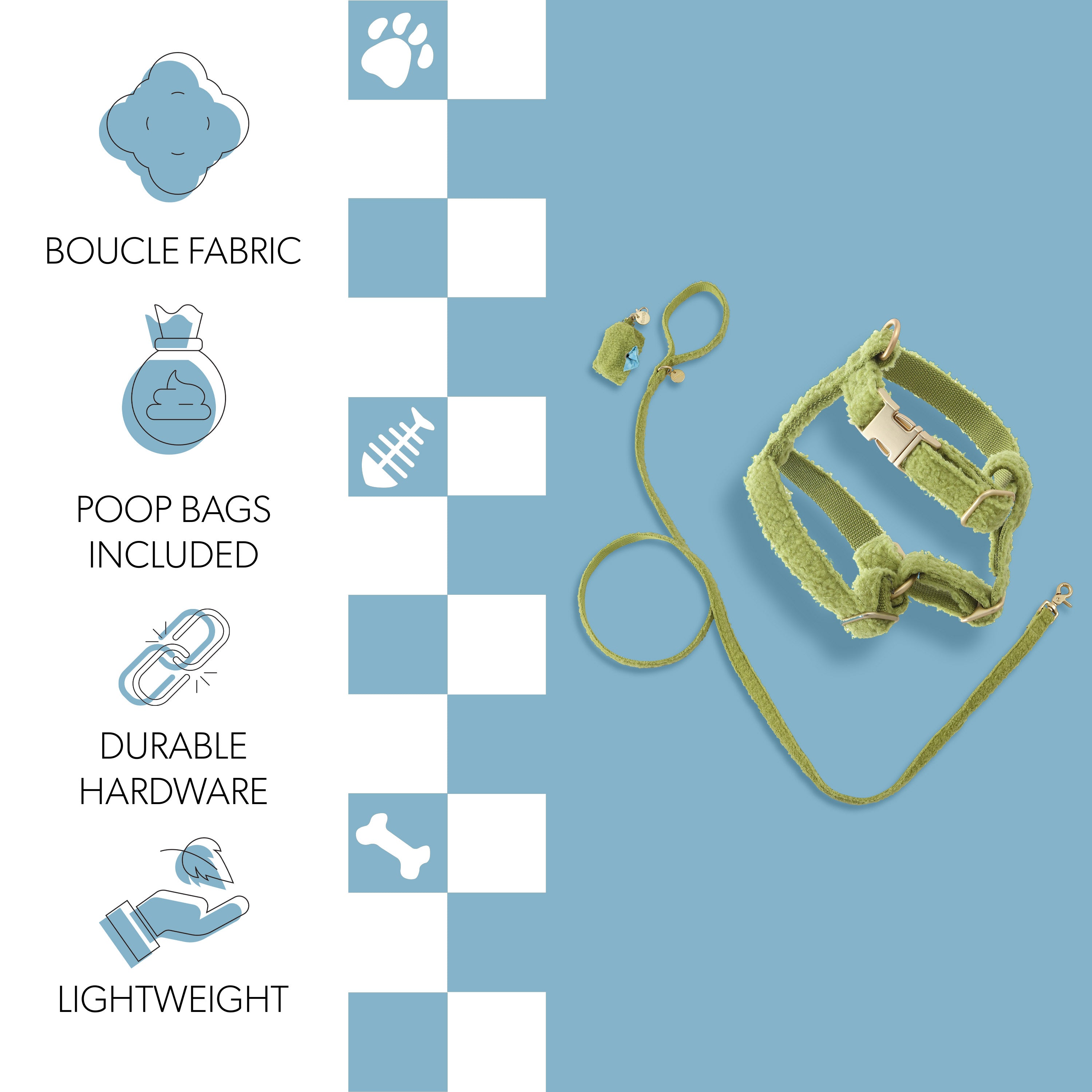Teddy Harness and Leash Walk Set with Poop Bag Pouch Olive Green Extra Small