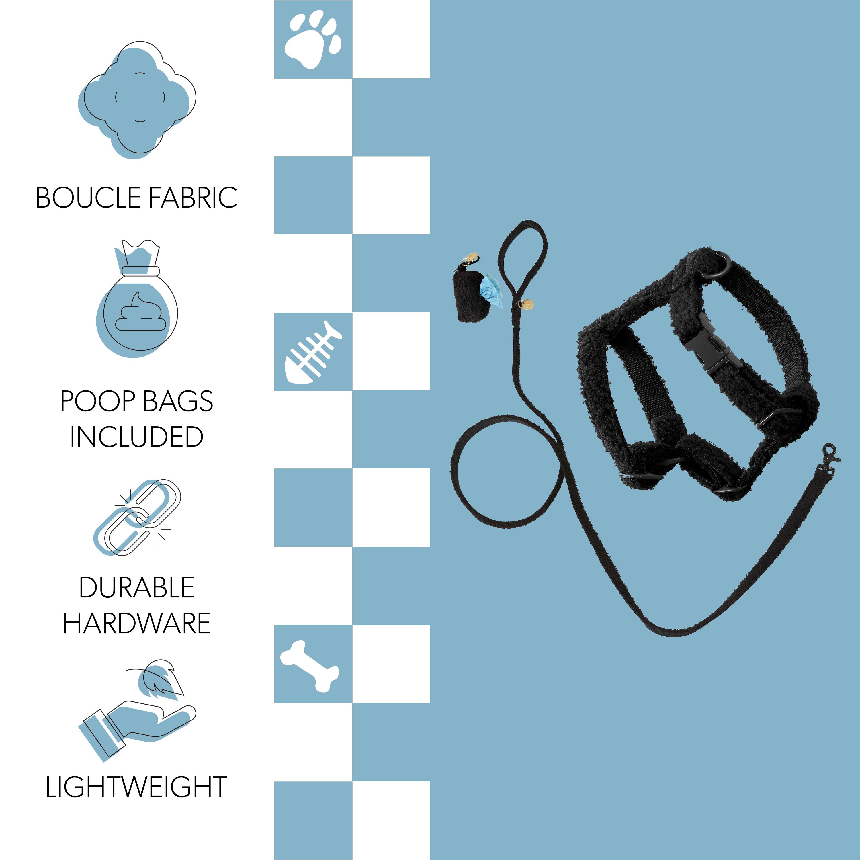 Teddy Harness and Leash Walk Set with Poop Bag Pouch Black Extra Small