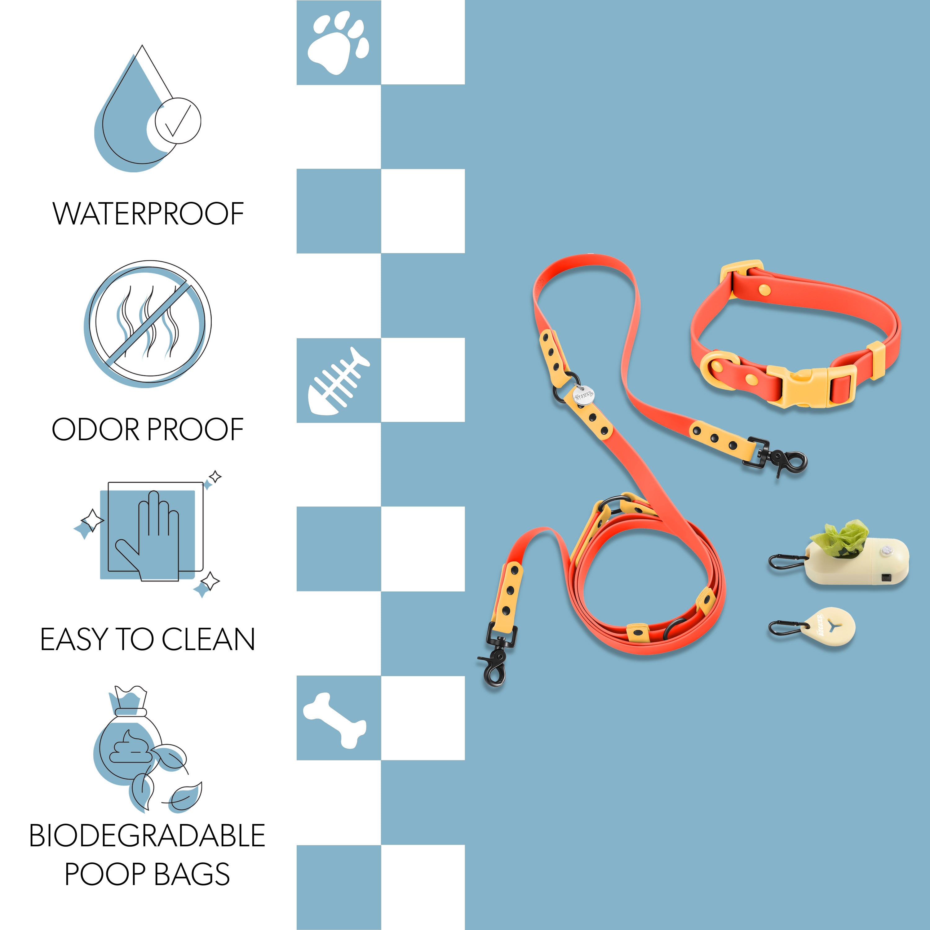 Luna Leash and Collar with Bag Dispenser and Poop Bag Holder Dark Orange Light Orange Small