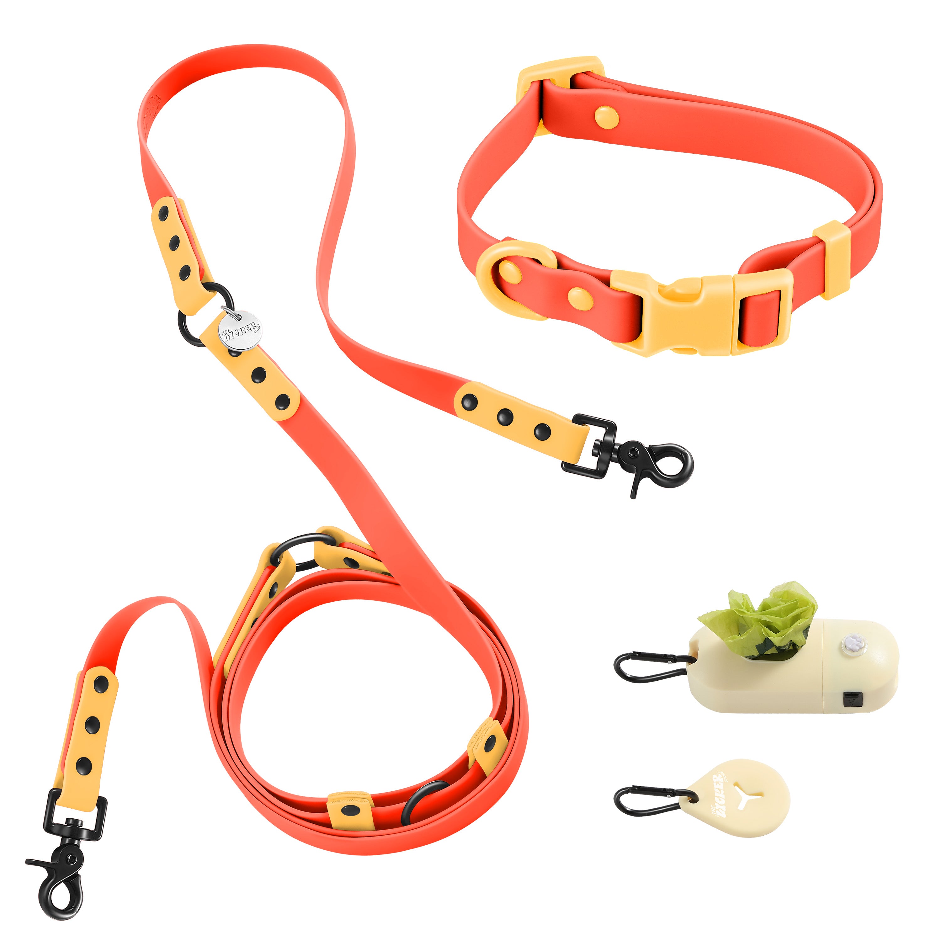 Luna Leash and Collar with Bag Dispenser and Poop Bag Holder Dark Orange Light Orange Small