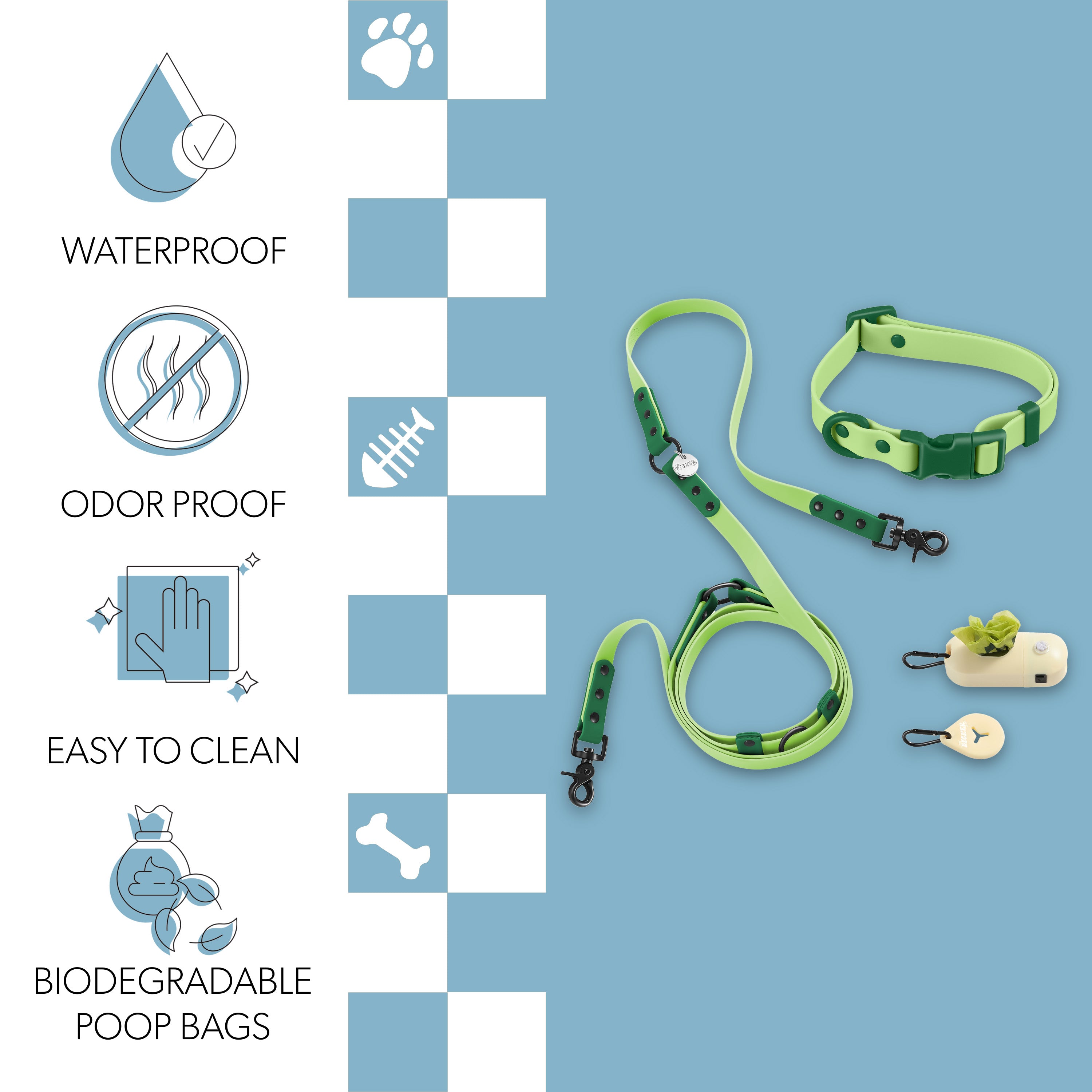 Luna Leash and Collar with Bag Dispenser and Poop Bag Holder Light Green Dark Green Small