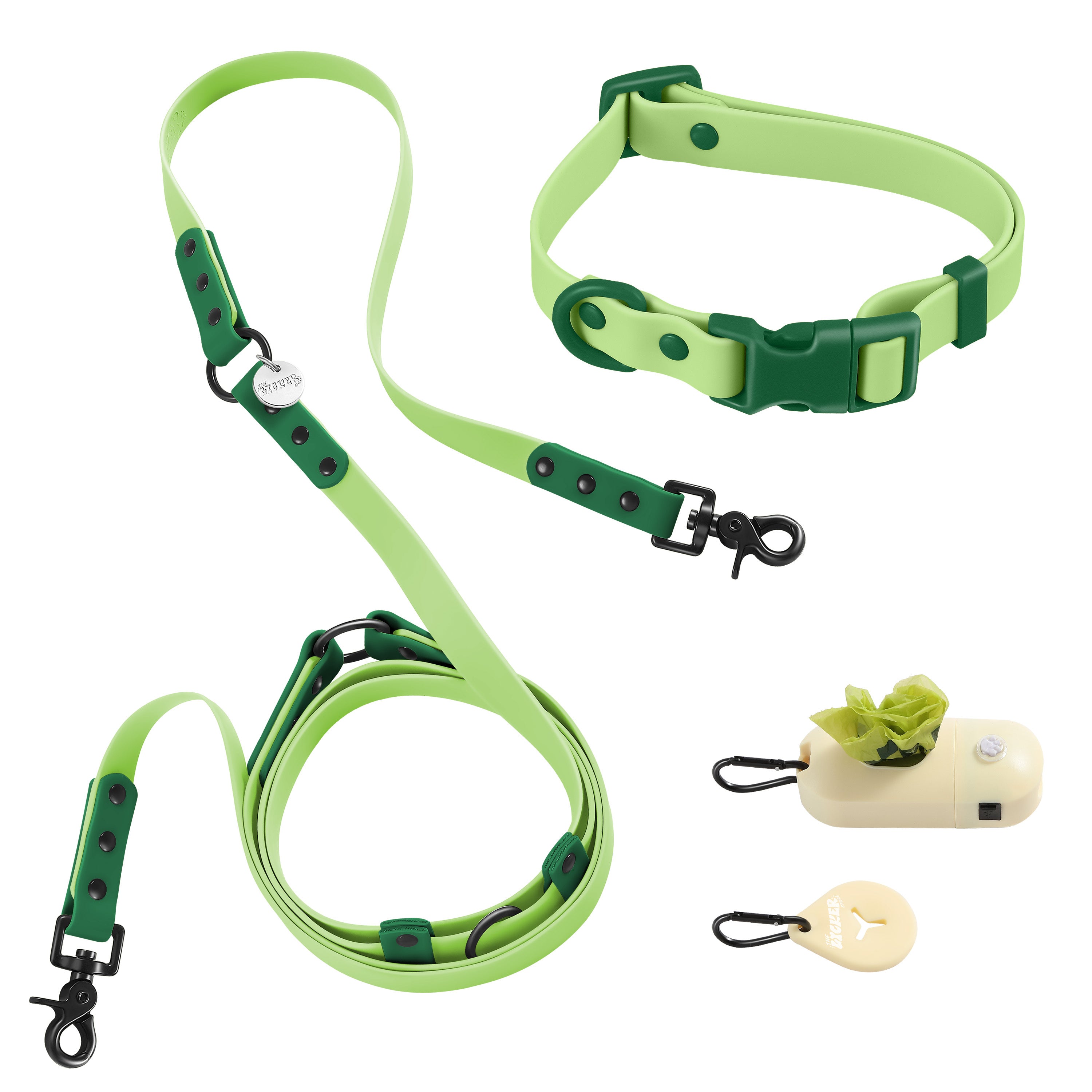 Luna Leash and Collar with Bag Dispenser and Poop Bag Holder Light Green Dark Green Small
