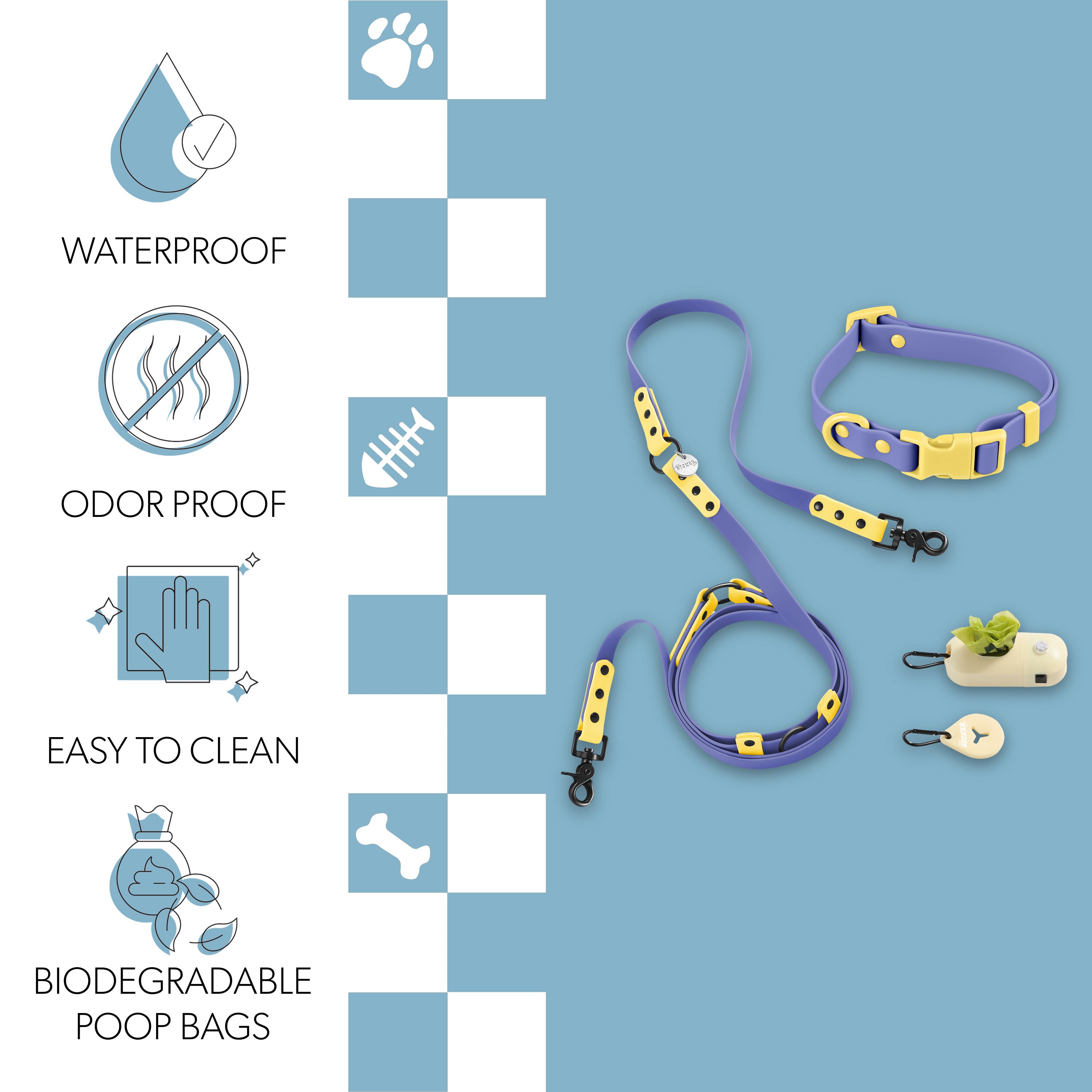 Luna Leash and Collar with Bag Dispenser and Poop Bag Holder Dark Blue Yellow Small
