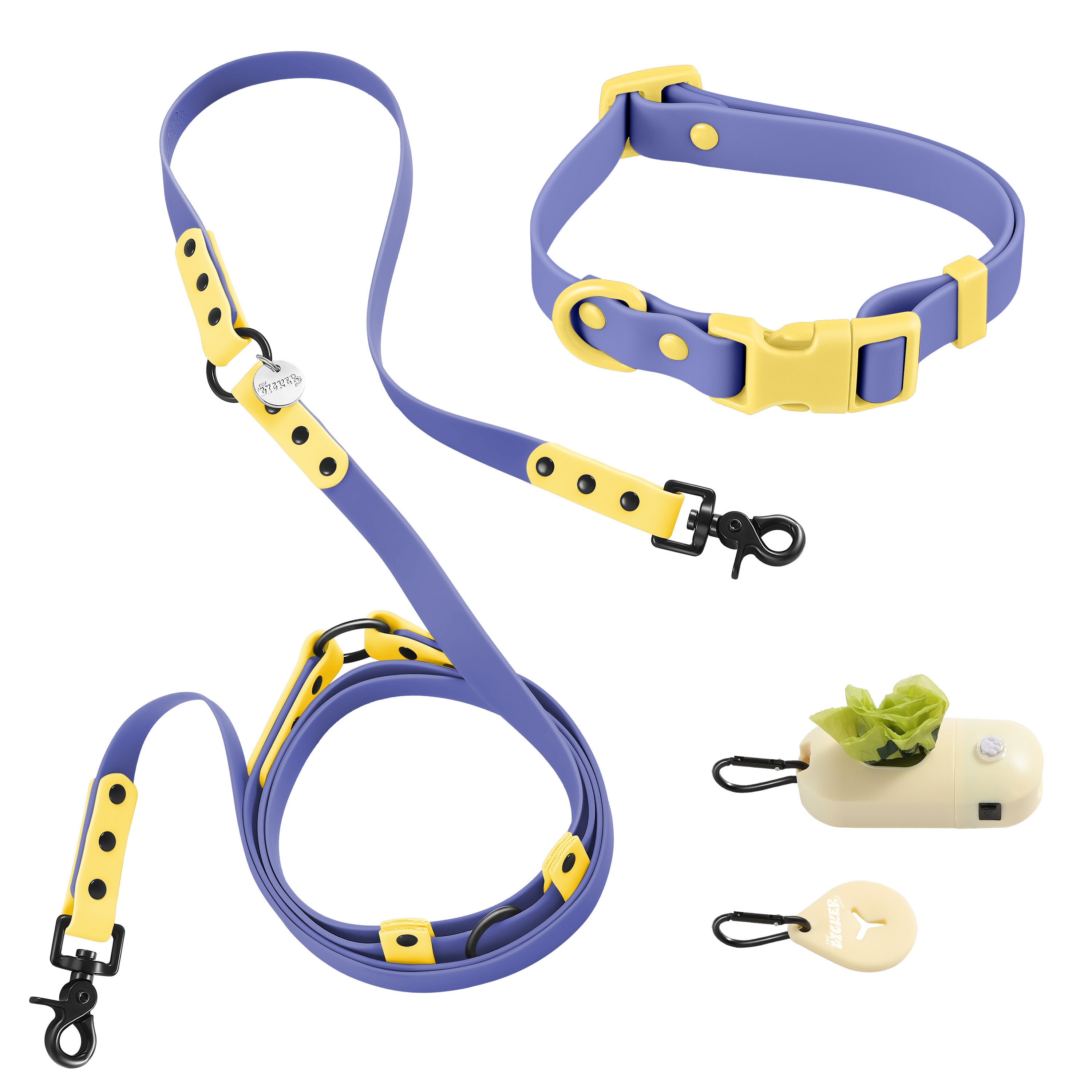 Luna Leash and Collar with Bag Dispenser and Poop Bag Holder Dark Blue Yellow Small