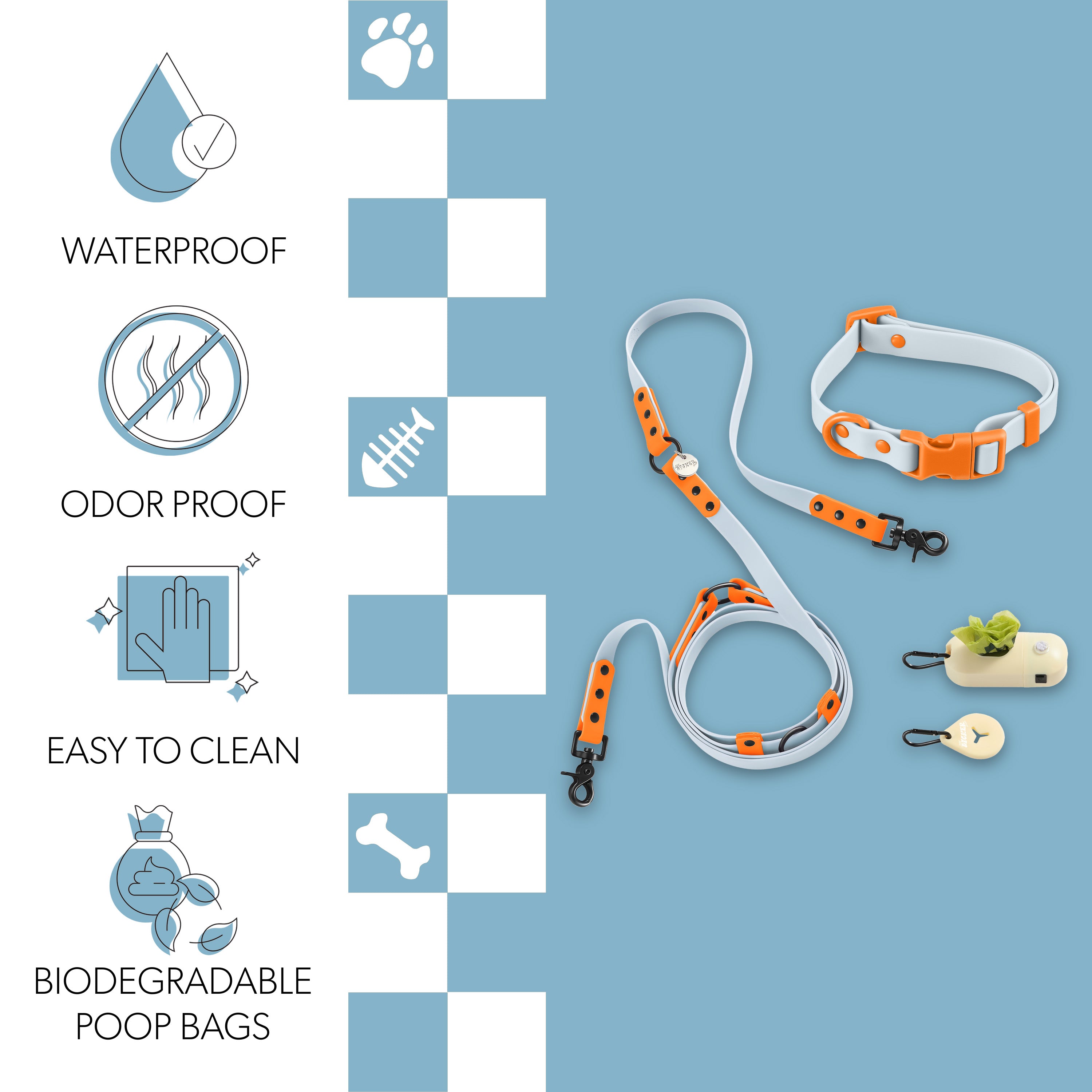 Luna Leash and Collar with Bag Dispenser and Poop Bag Holder Light Blue Orange Small