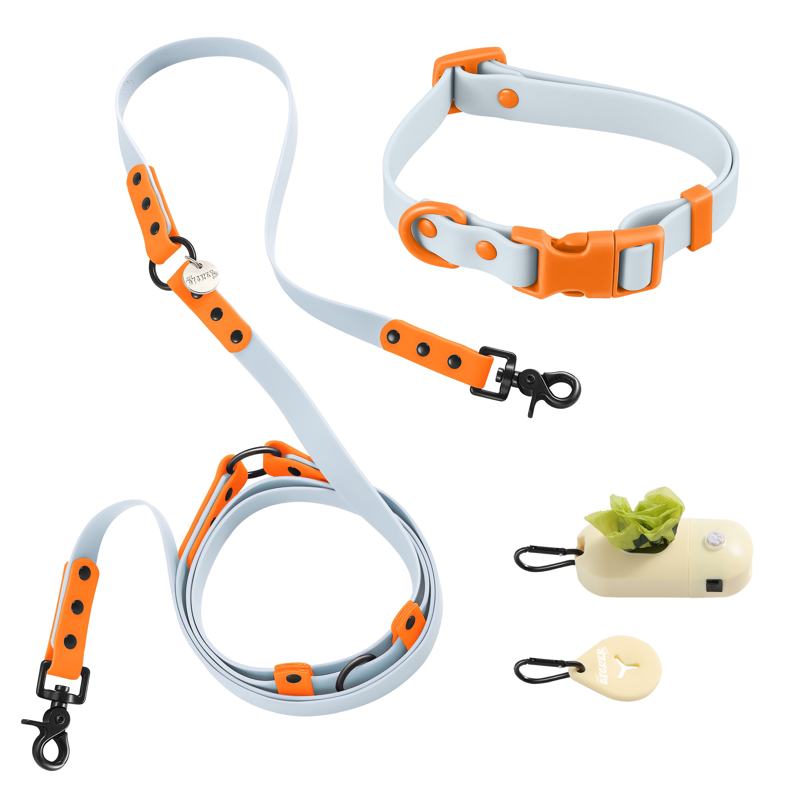 Luna Leash and Collar with Bag Dispenser and Poop Bag Holder Light Blue Orange Small