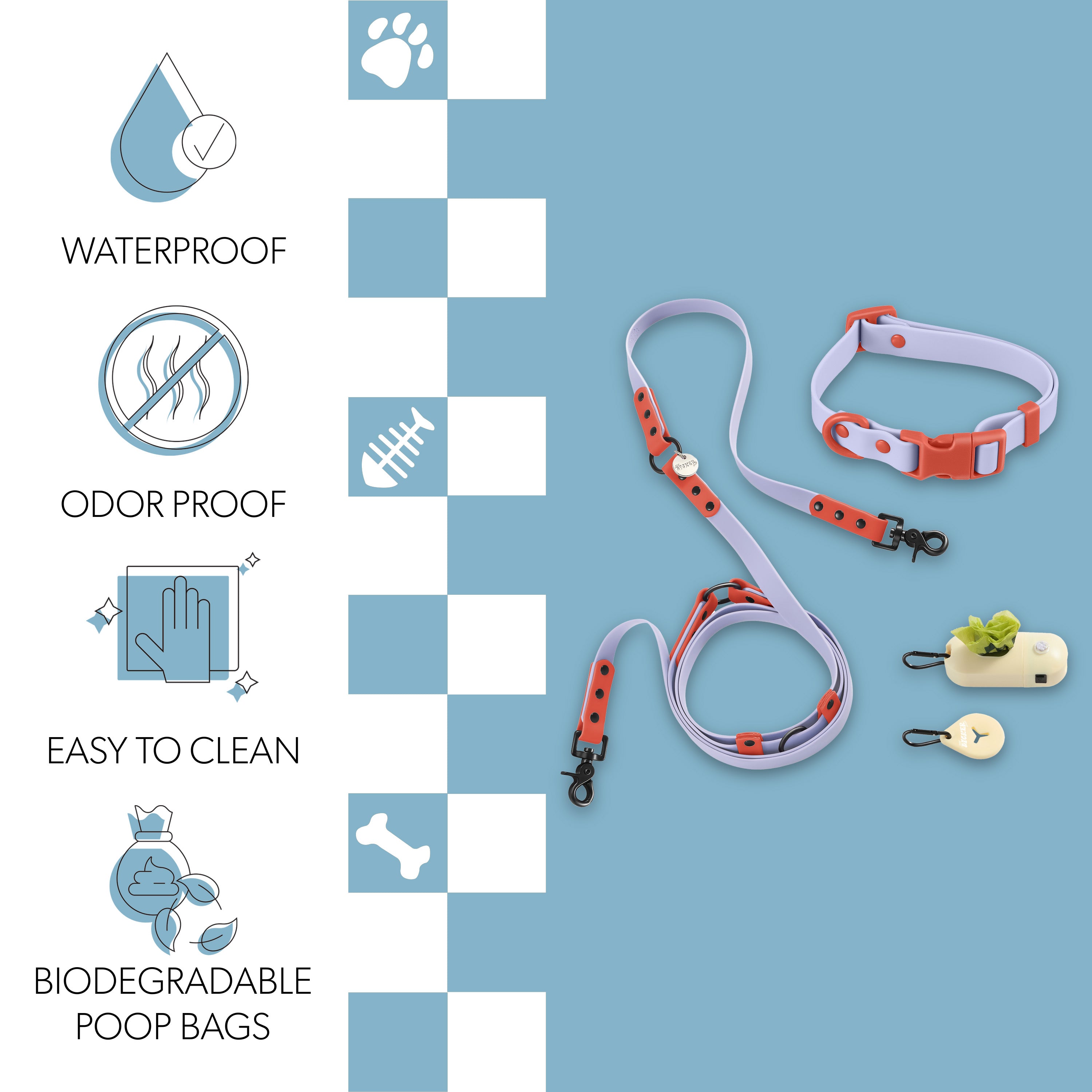 Luna Leash and Collar with Bag Dispenser and Poop Bag Holder Periwinkle Red Small