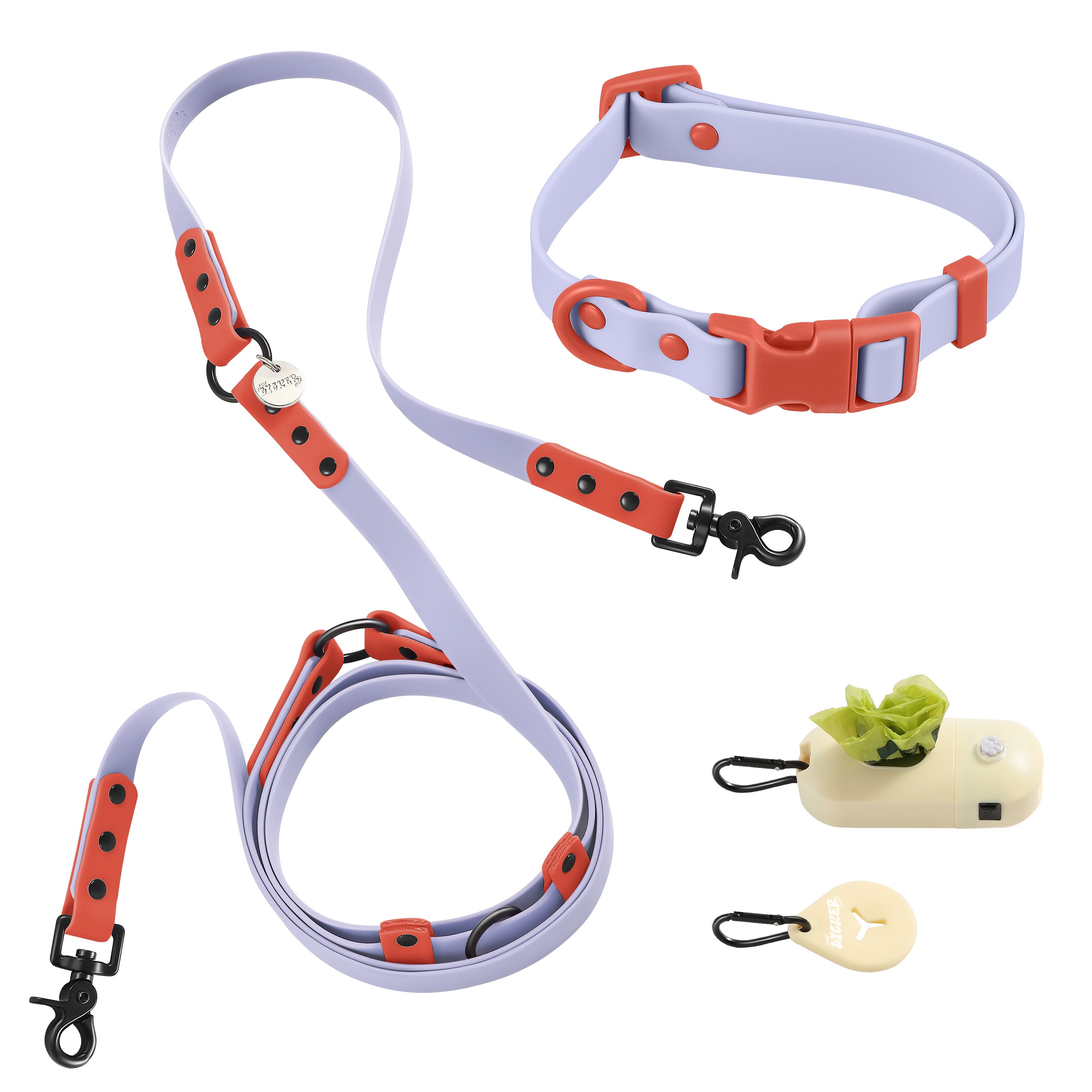 Luna Leash and Collar with Bag Dispenser and Poop Bag Holder Periwinkle Red Small