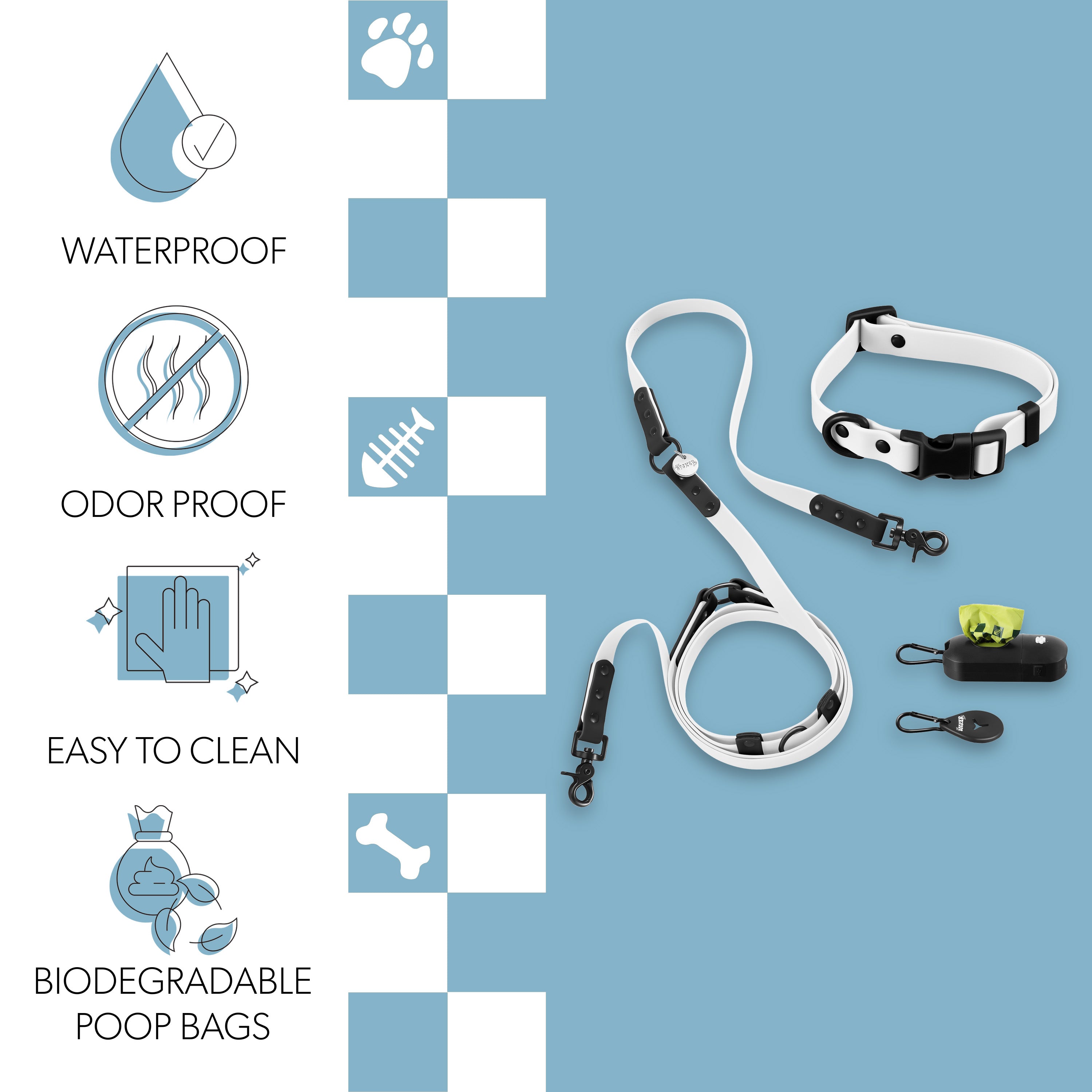 Luna Leash and Collar with Bag Dispenser and Poop Bag Holder White Black Small
