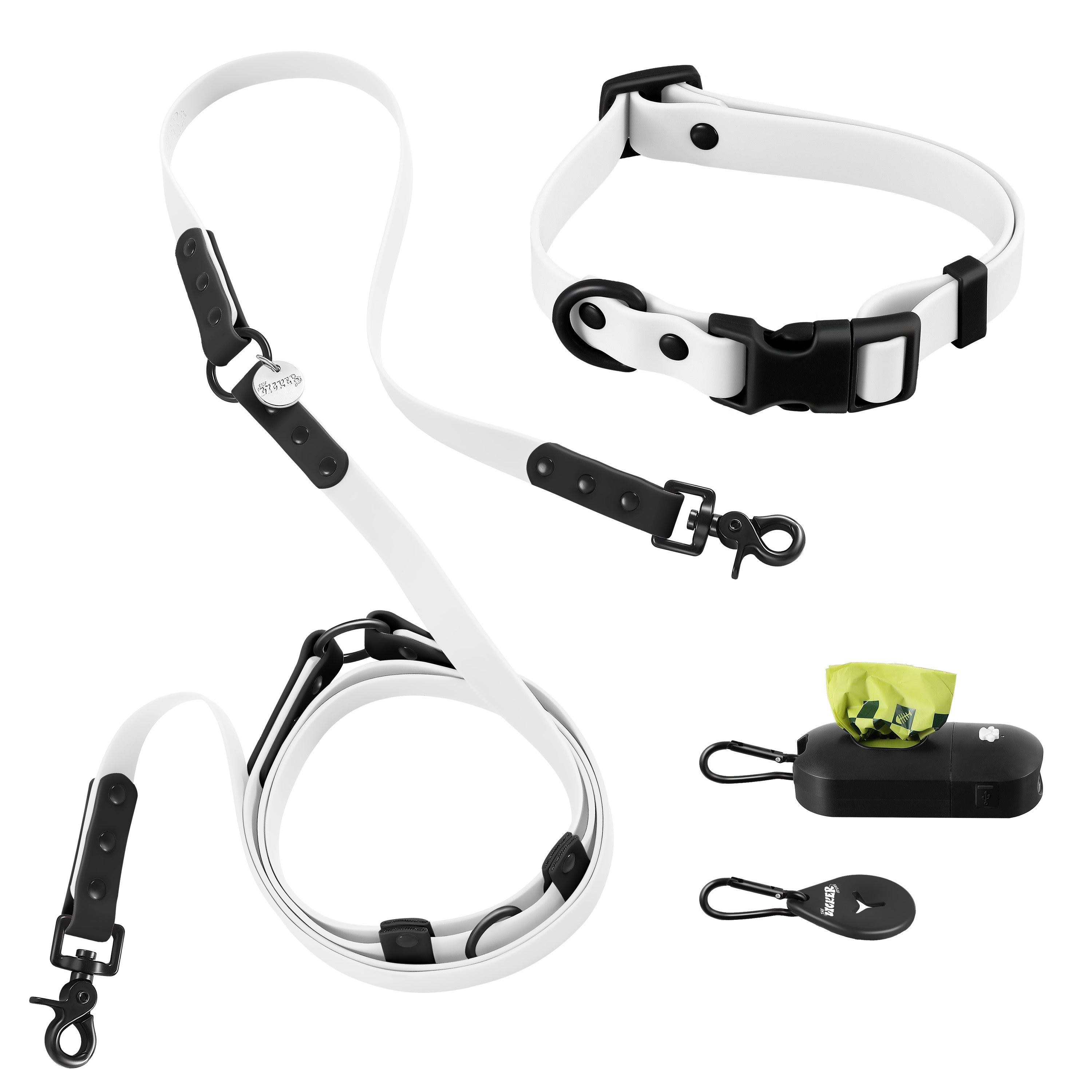 Luna Leash and Collar with Bag Dispenser and Poop Bag Holder White Black Small