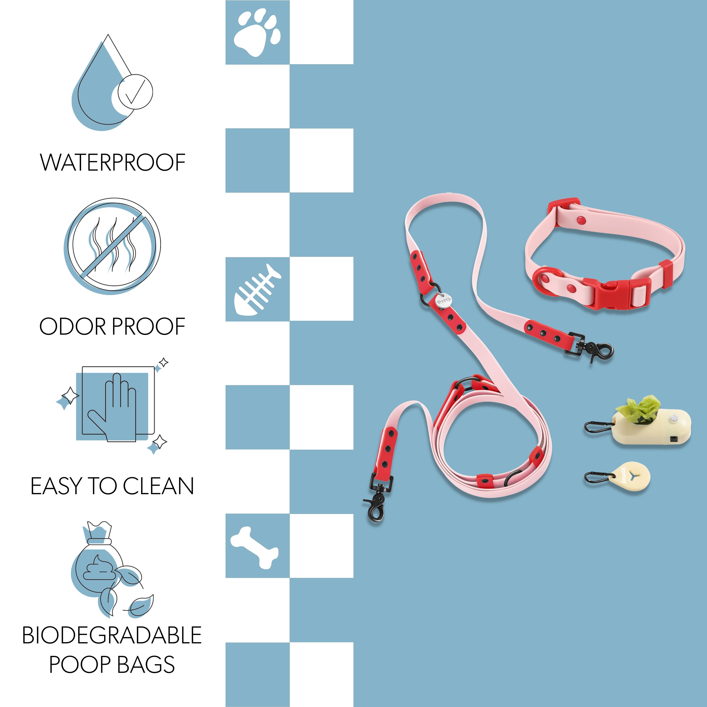 Luna Leash and Collar with Bag Dispenser and Poop Bag Holder Pink Red Small