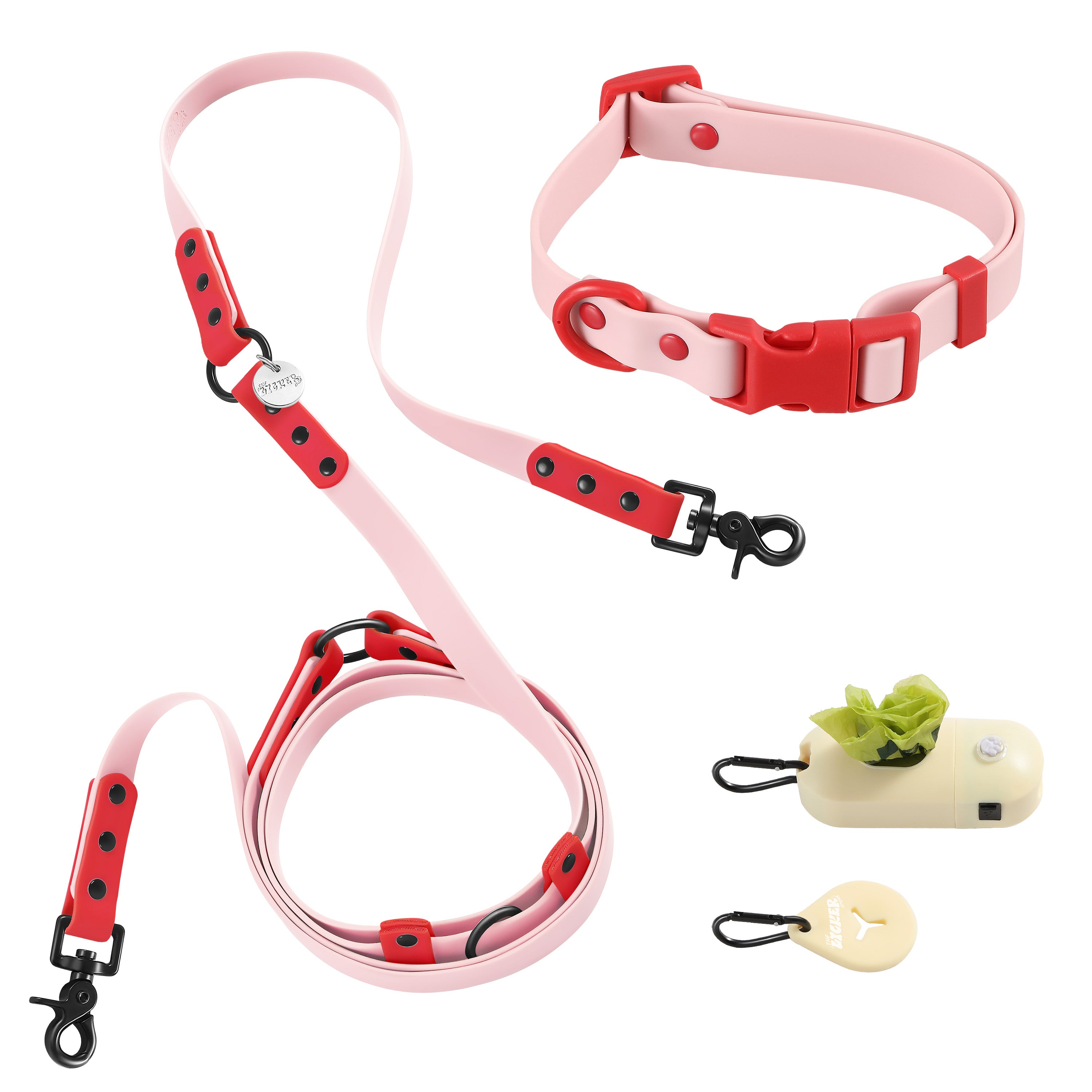 Luna Leash and Collar with Bag Dispenser and Poop Bag Holder Pink Red Small
