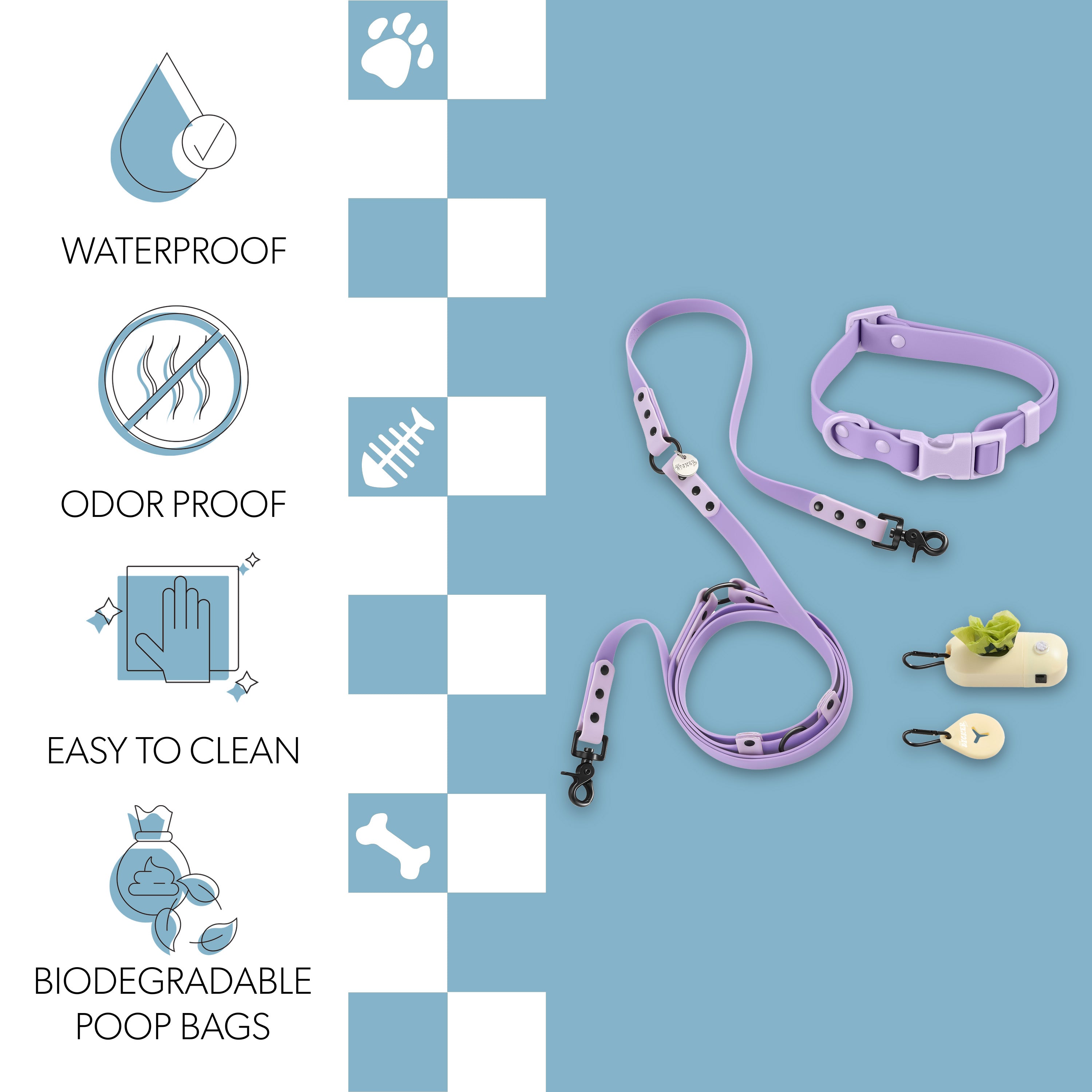 Luna Leash and Collar with Bag Dispenser and Poop Bag Holder Purple Light Purple Small