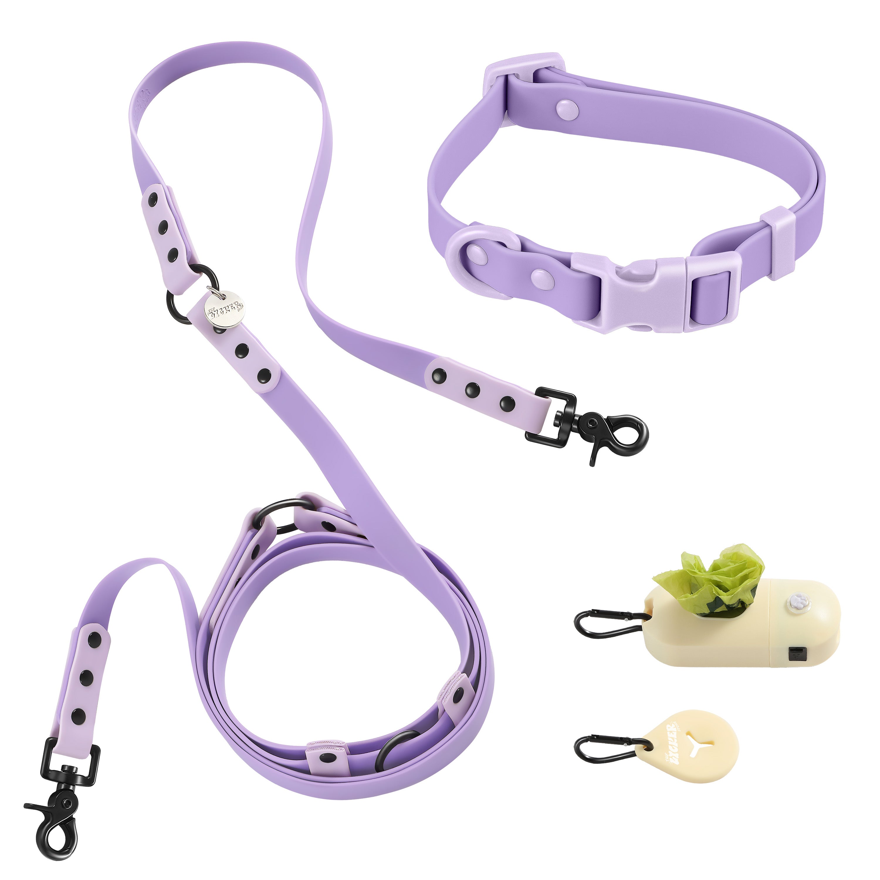 Luna Leash and Collar with Bag Dispenser and Poop Bag Holder Purple Light Purple Small