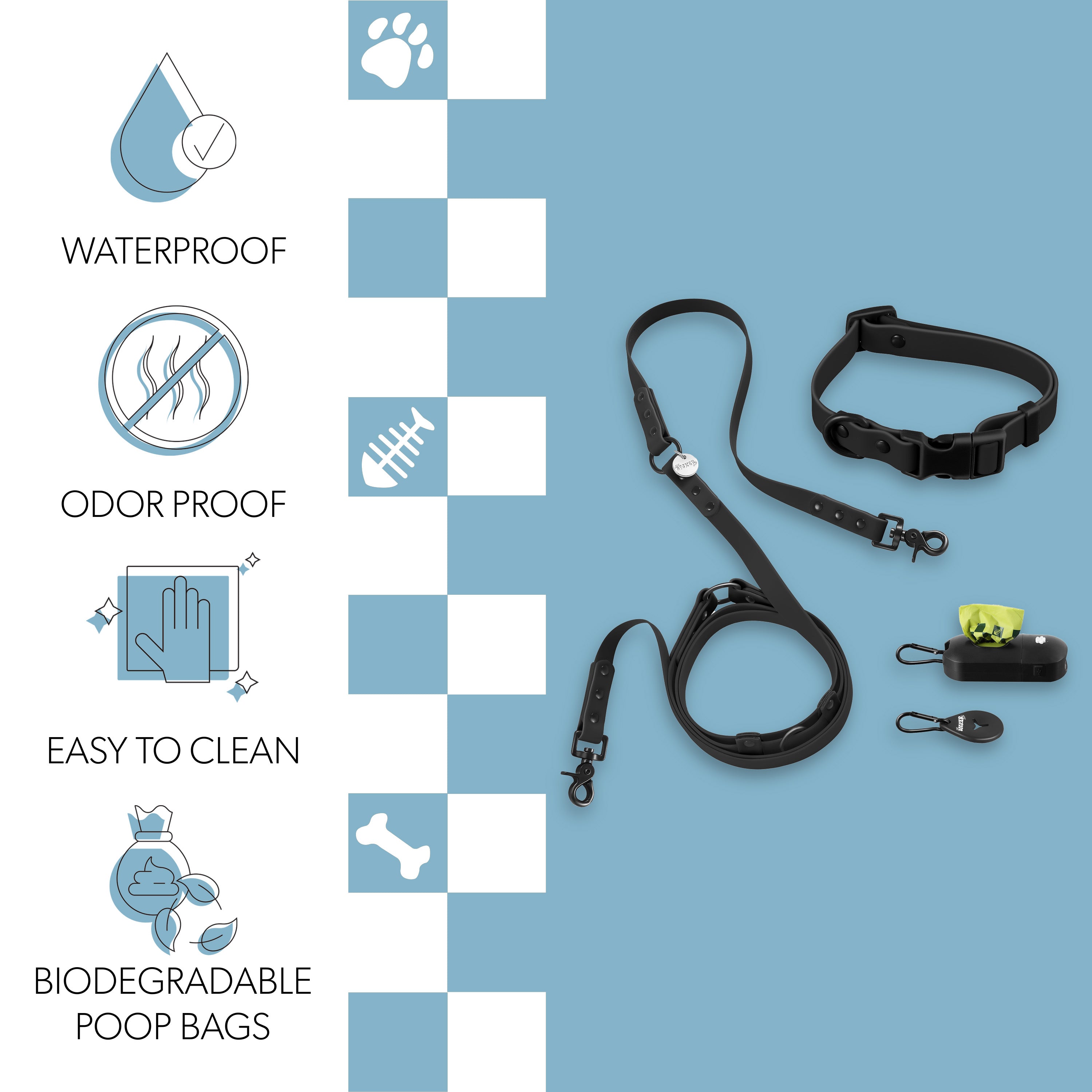 Luna Leash and Collar with Bag Dispenser and Poop Bag Holder Black Small