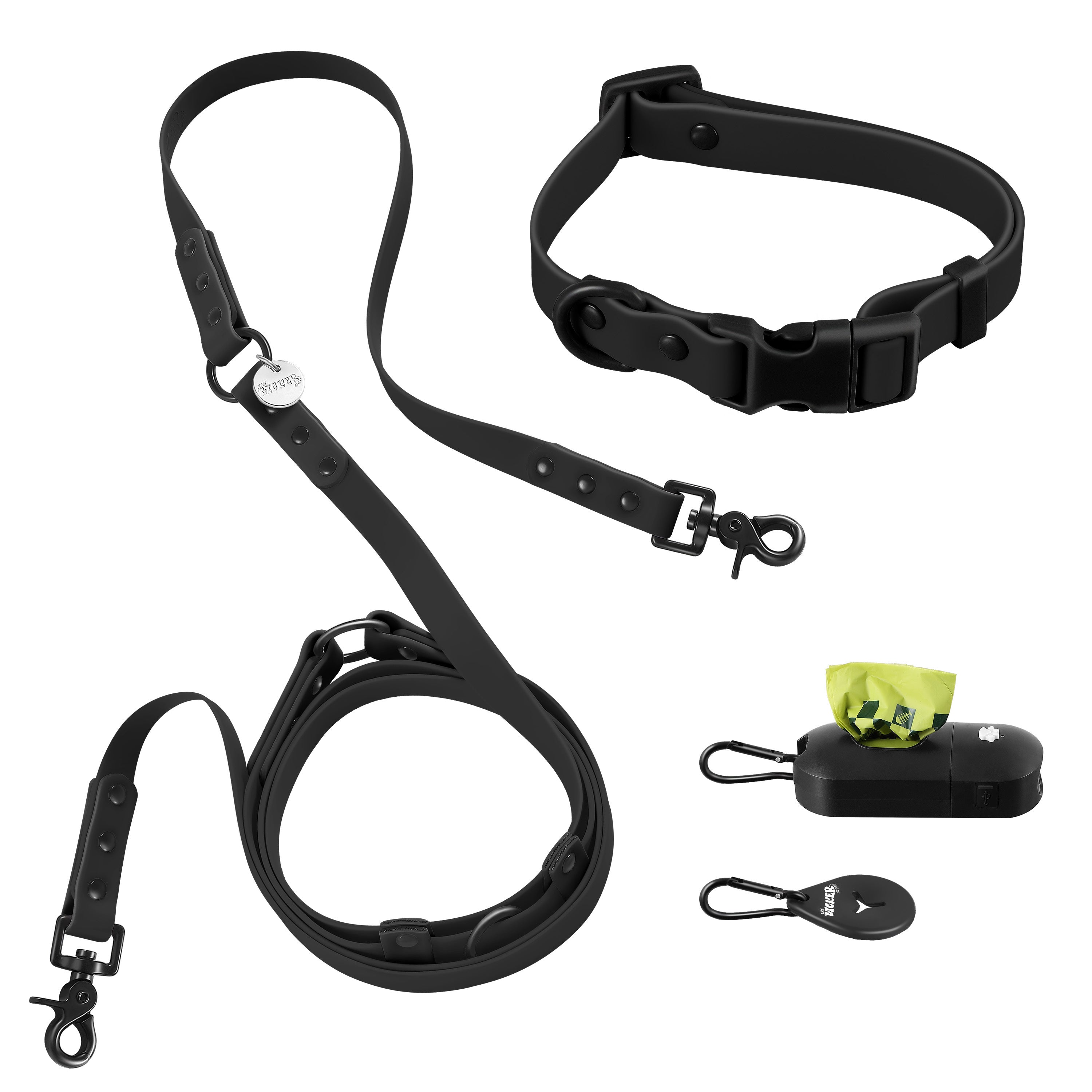 Luna Leash and Collar with Bag Dispenser and Poop Bag Holder Black Small