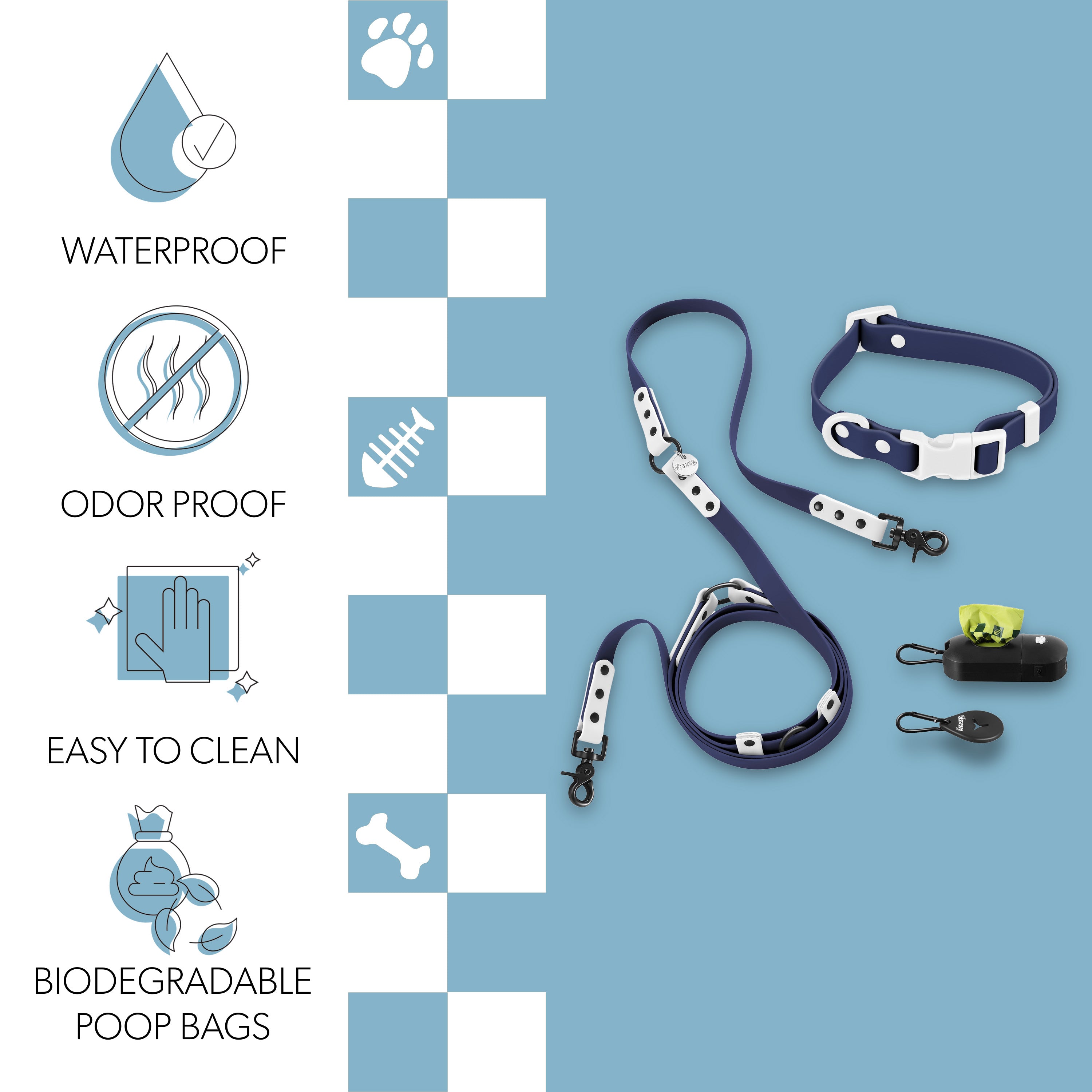 Luna Leash and Collar with Bag Dispenser and Poop Bag Holder Navy White Small