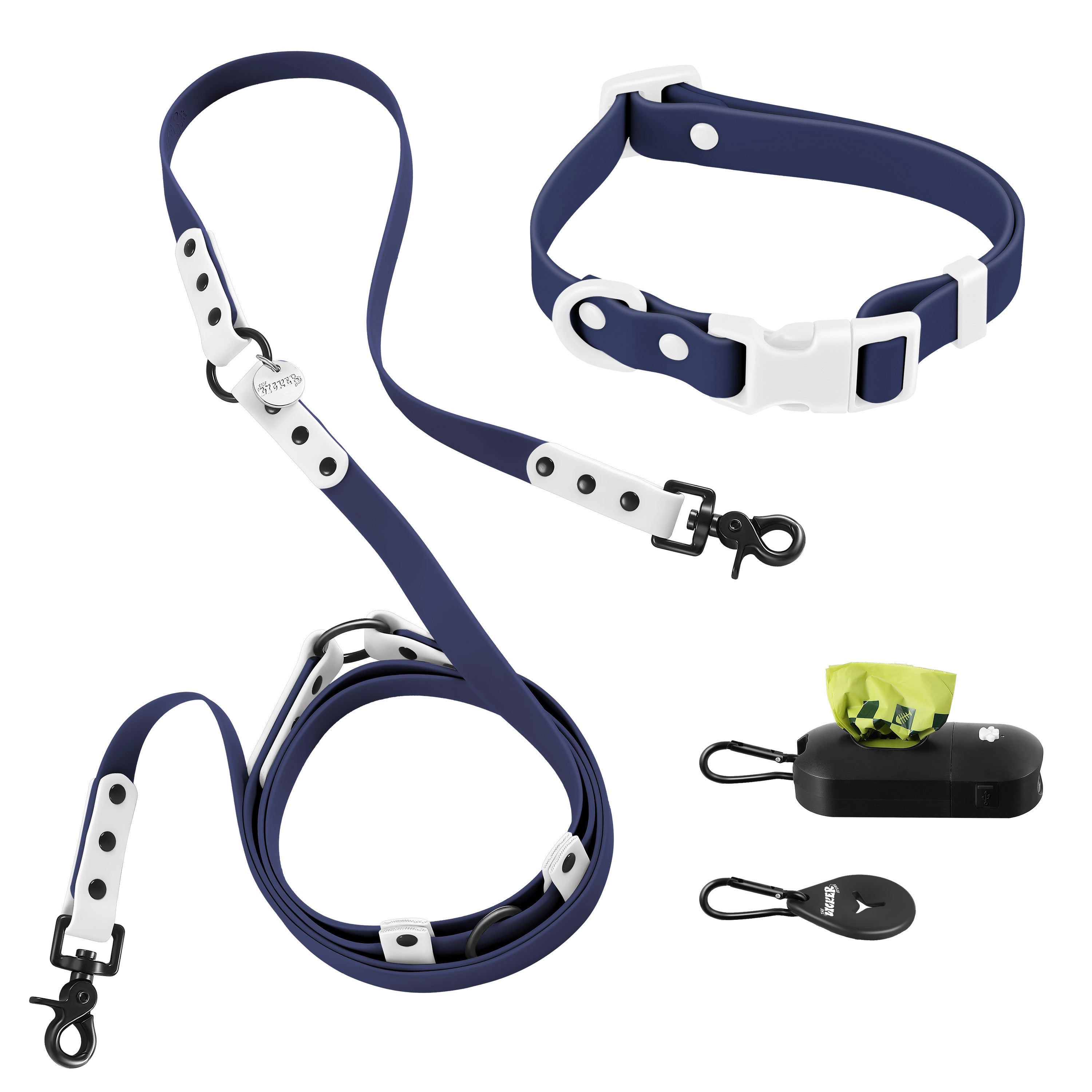 Luna Leash and Collar with Bag Dispenser and Poop Bag Holder Navy White Small