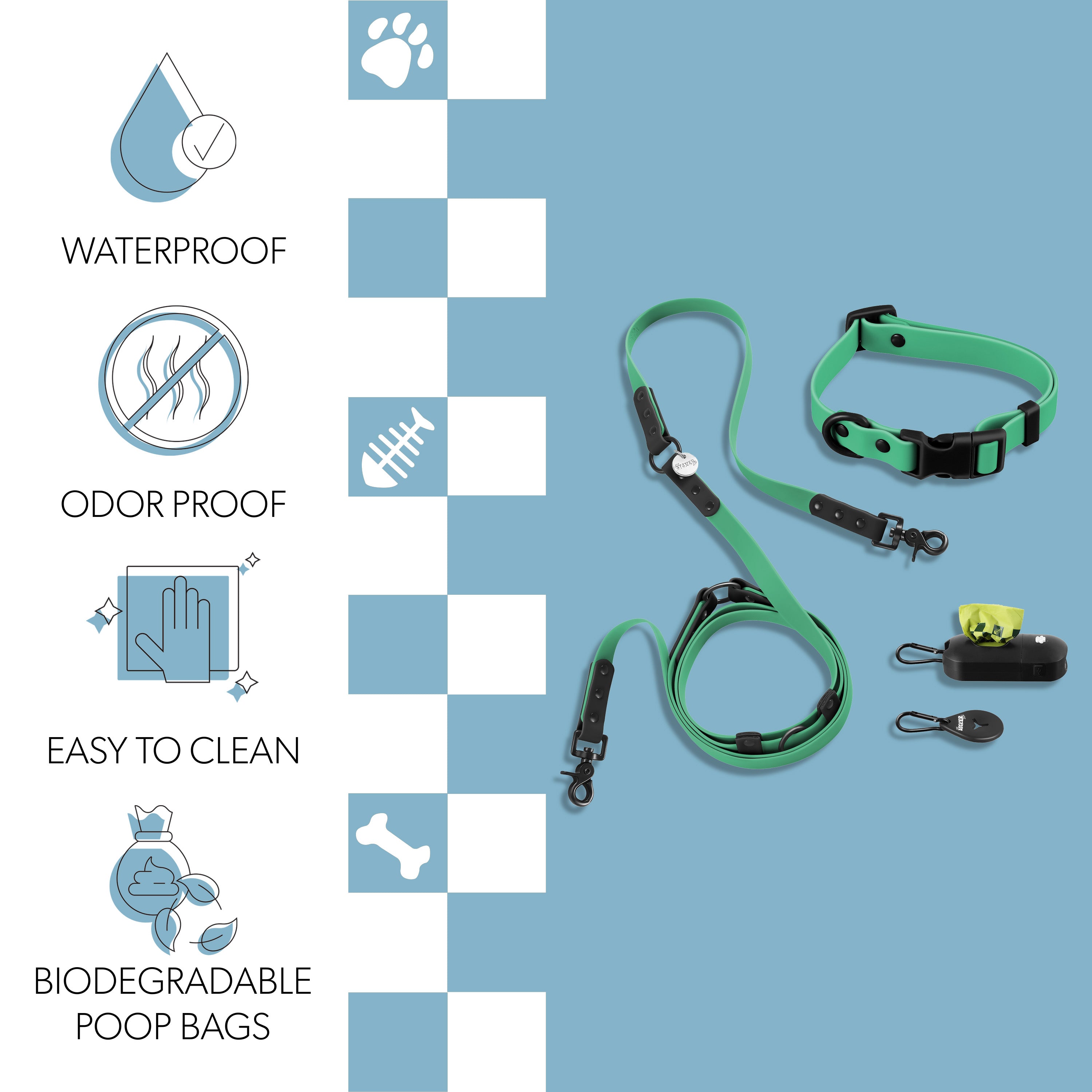 Luna Leash and Collar with Bag Dispenser and Poop Bag Holder Emerald Black Small