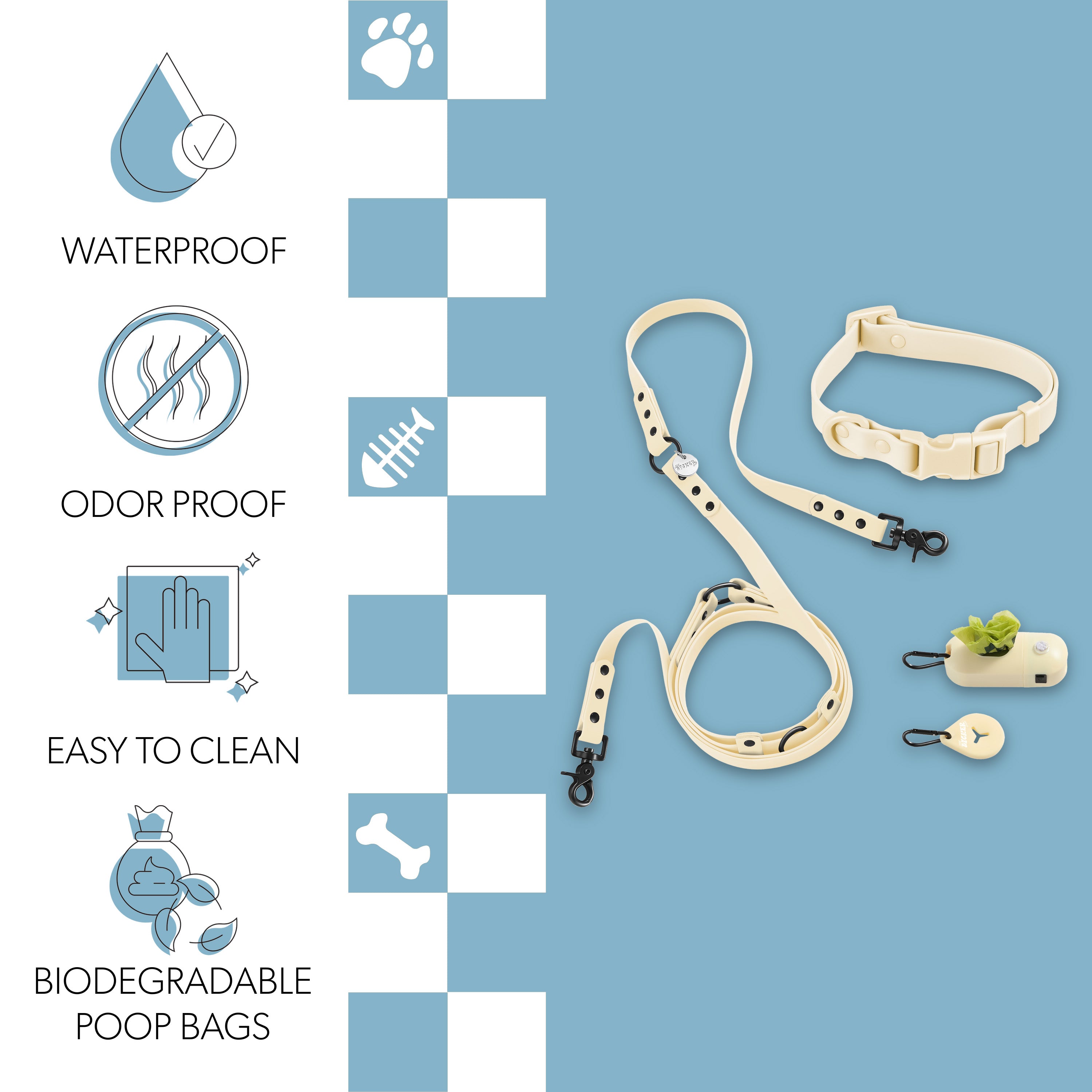 Luna Leash and Collar with Bag Dispenser and Poop Bag Holder Almond Small