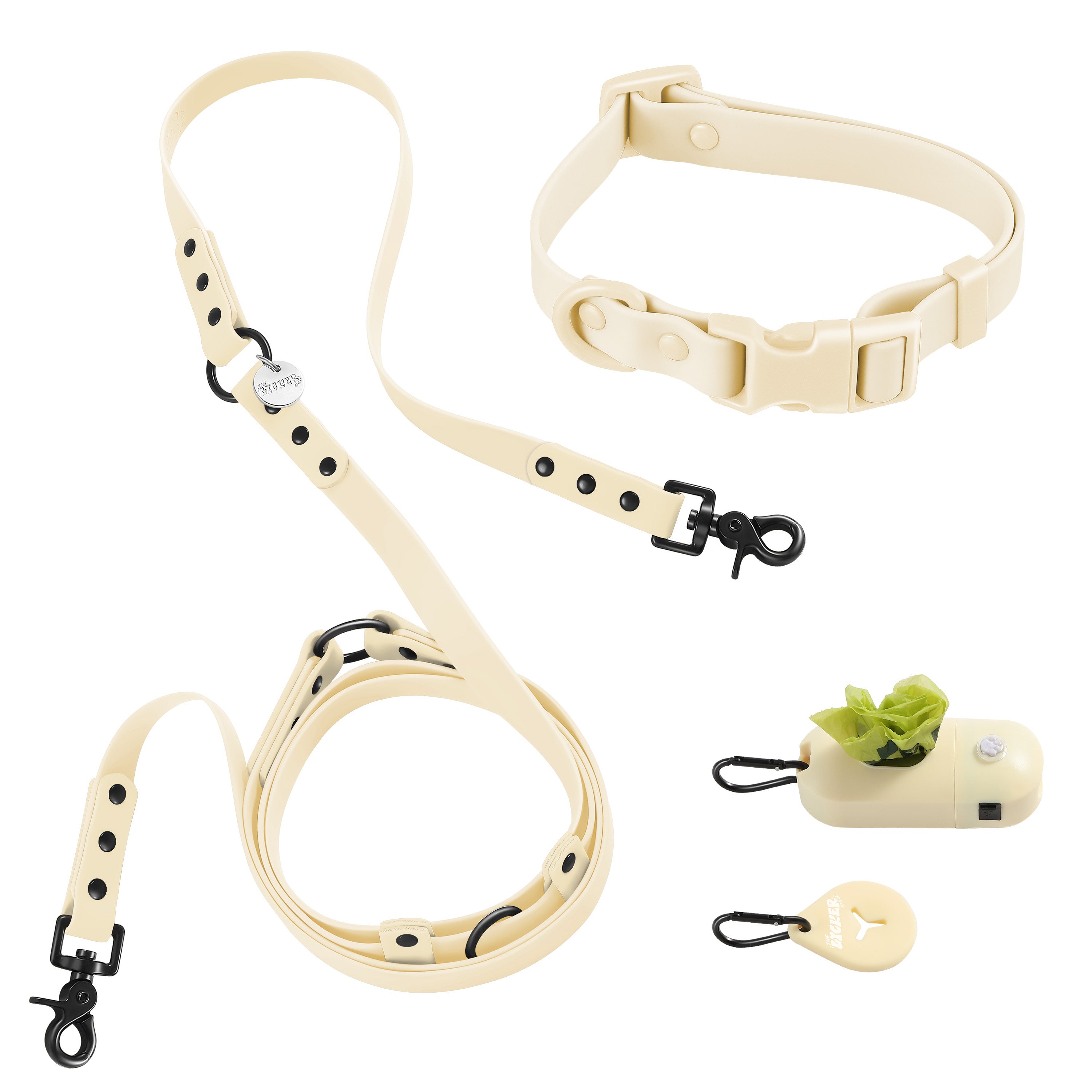 Luna Leash and Collar with Bag Dispenser and Poop Bag Holder Almond Small