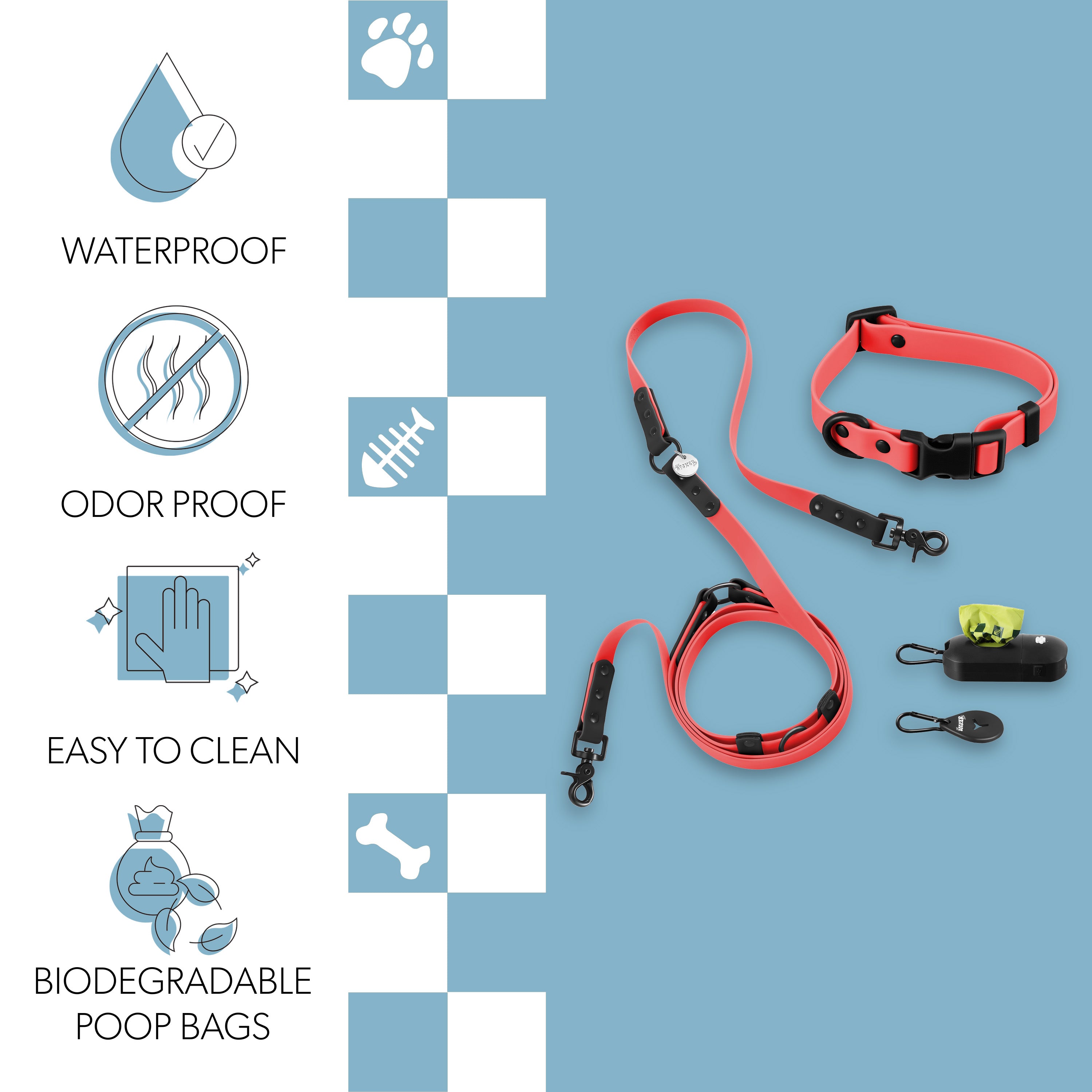 Luna Leash and Collar with Bag Dispenser and Poop Bag Holder Red Black Small