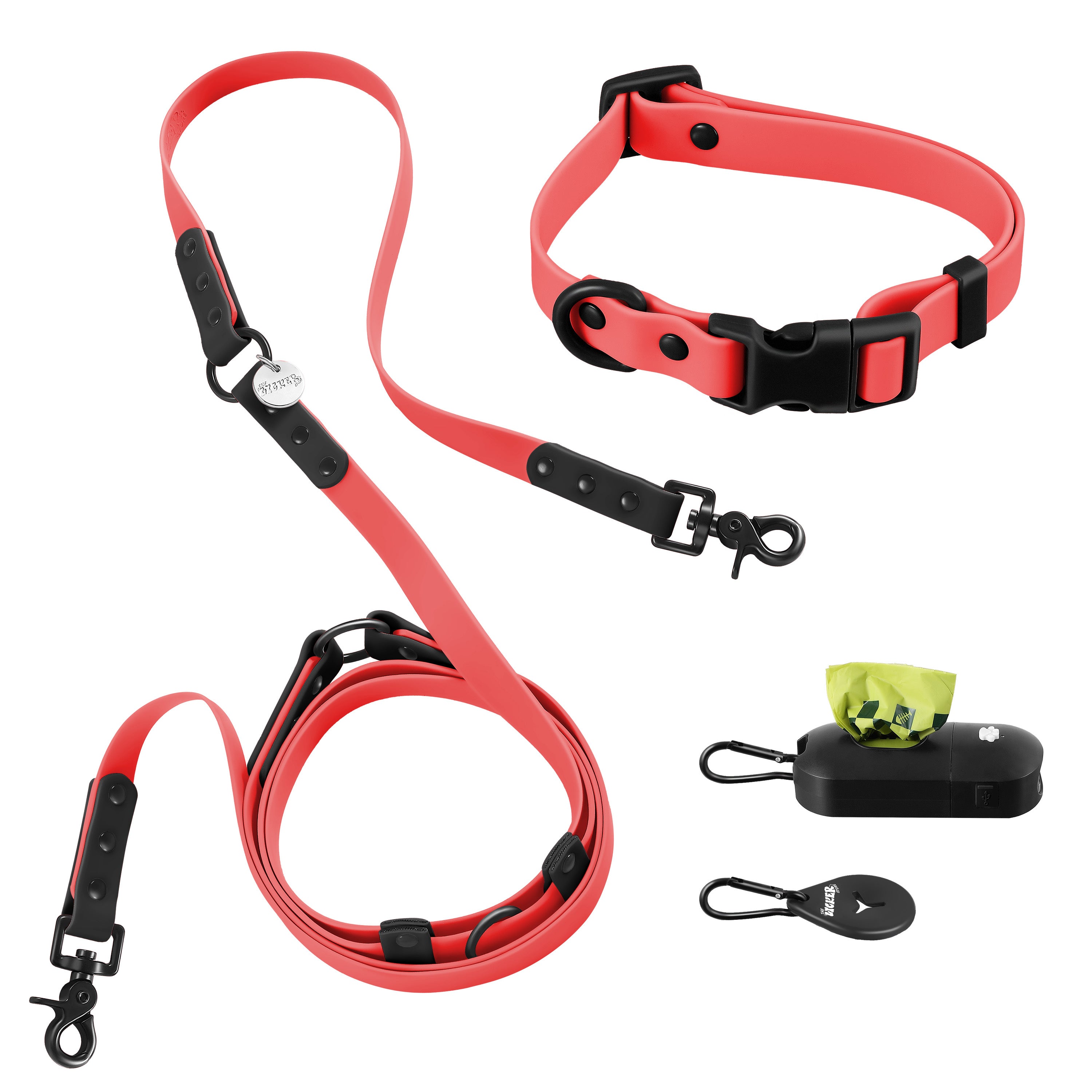 Luna Leash and Collar with Bag Dispenser and Poop Bag Holder Red Black Small