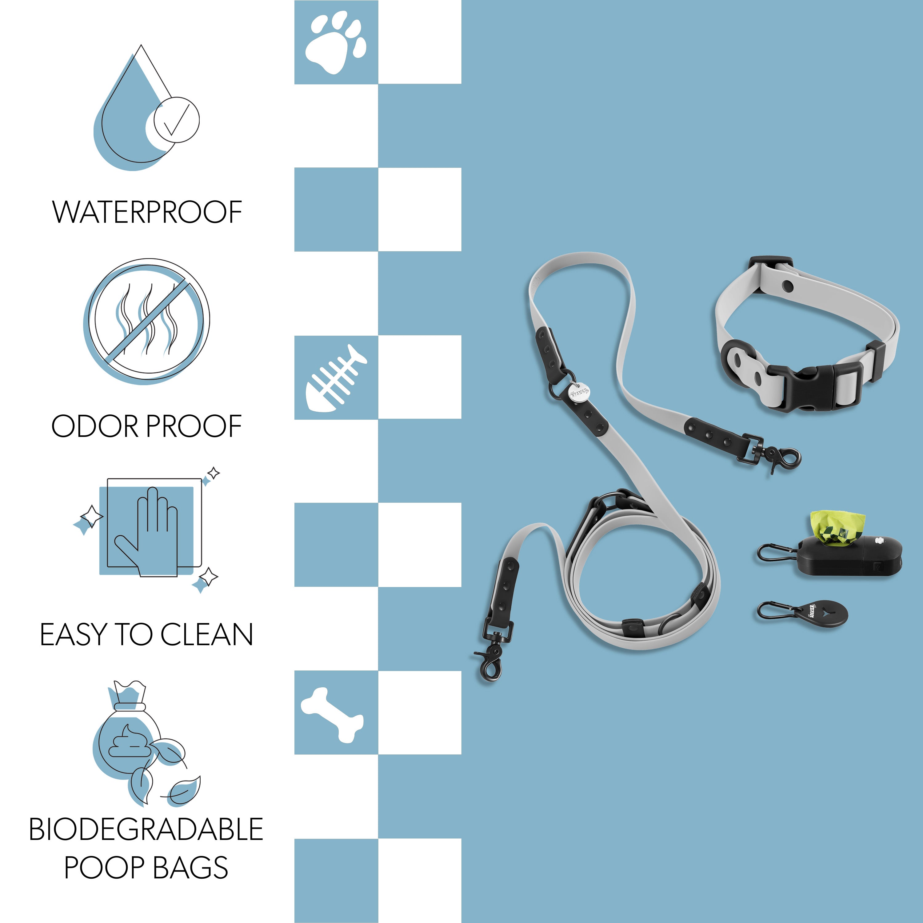 Luna Leash and Collar with Bag Dispenser and Poop Bag Holder Gray Black