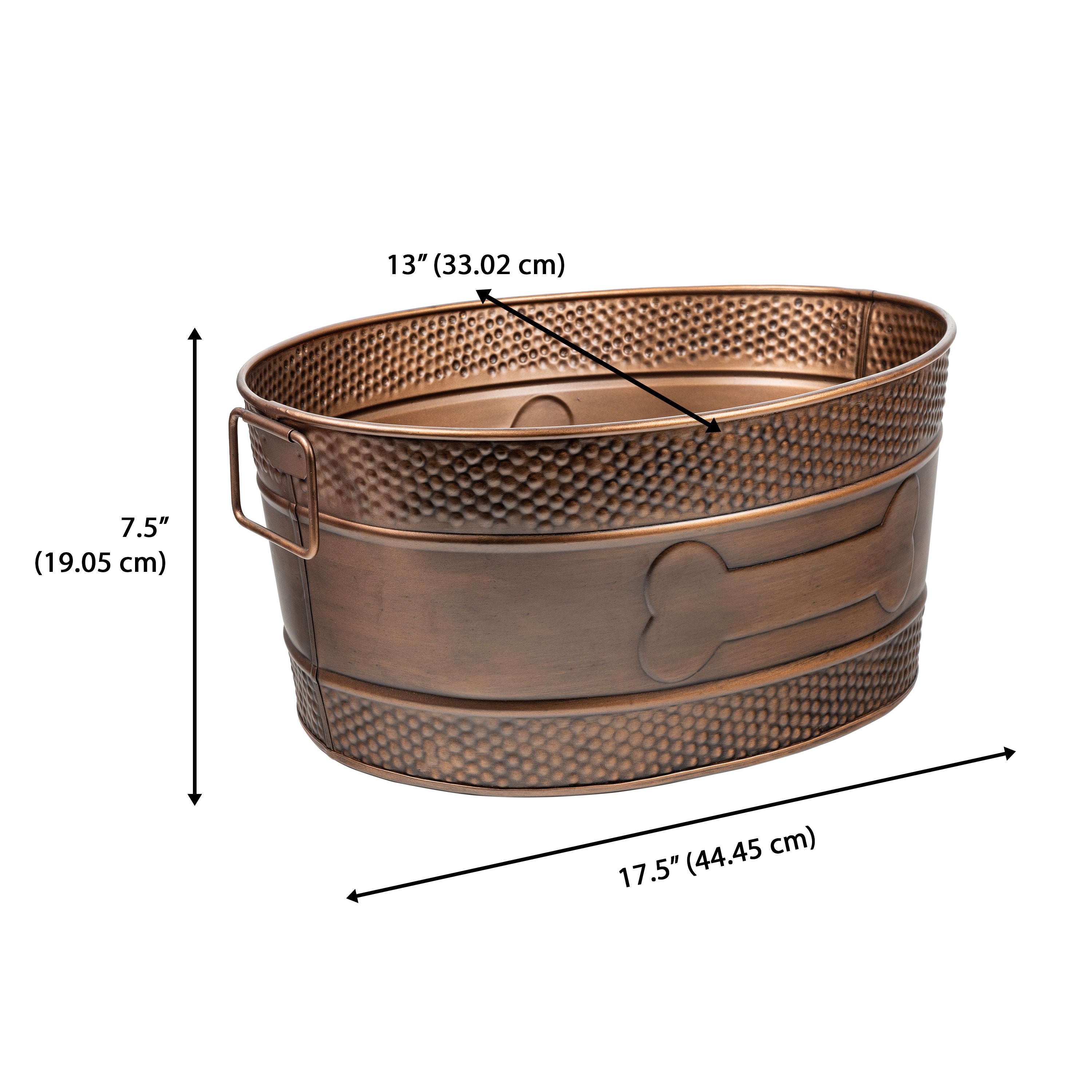 Ruth 15 Quart Vintage Farmhouse Oval Decoratvie Hammered Metal Embossed Bone Pet Toy Storage Bin with Side Handles - Antique Copper