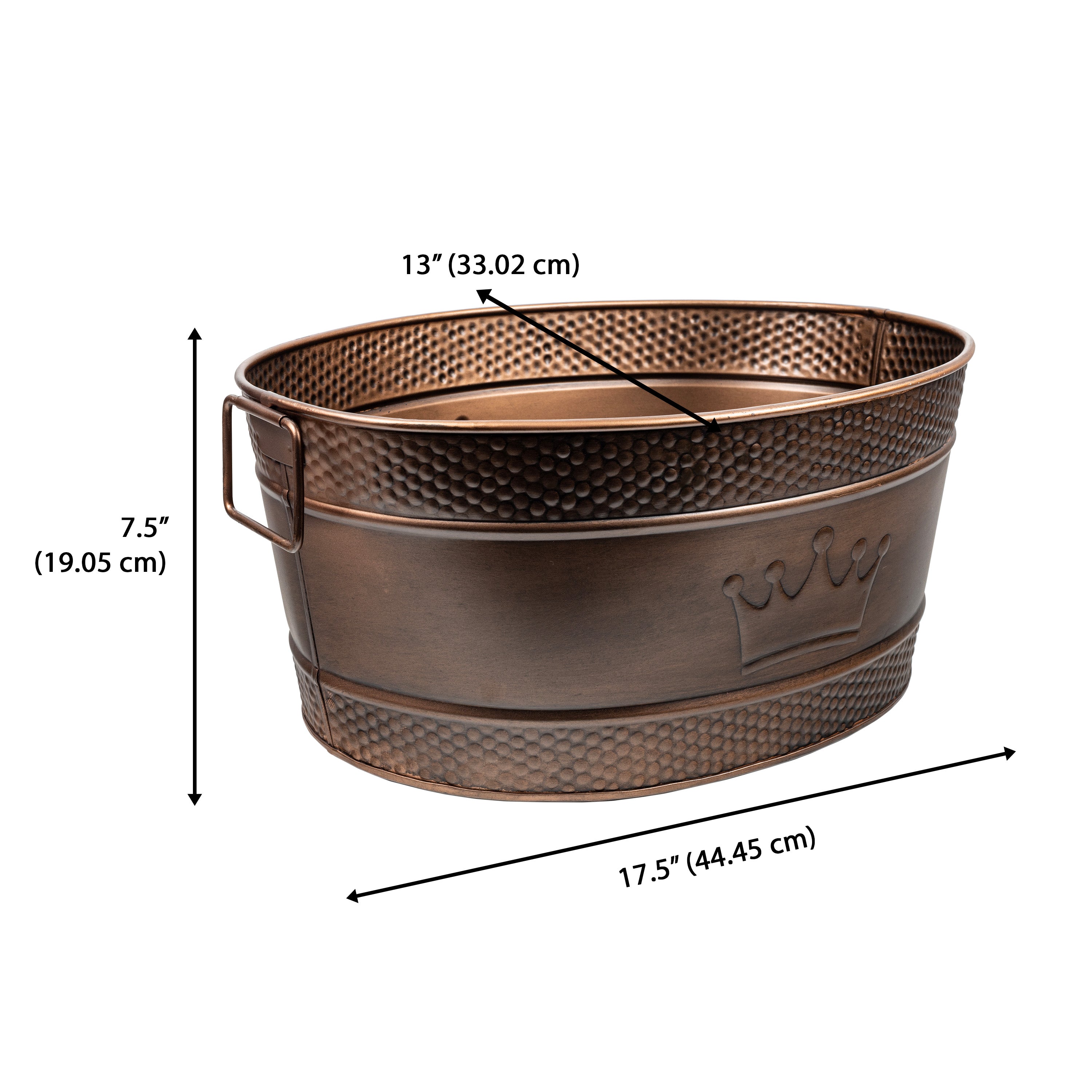 Ruth 15 Quart Vintage Farmhouse Oval Decoratvie Hammered Metal Embossed Crown Pet Toy Storage Bin with Side Handles - Antique Copper