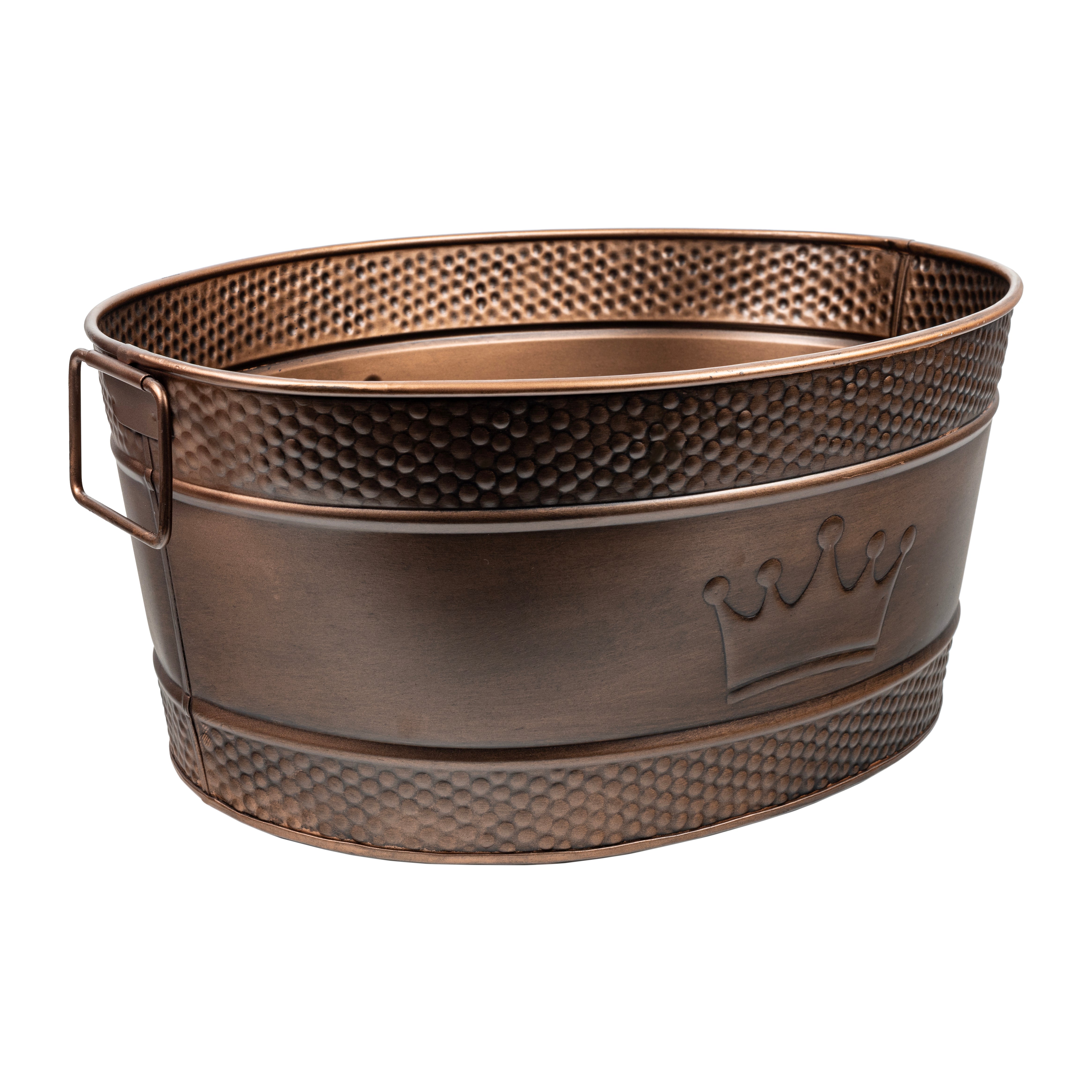 Ruth 15 Quart Vintage Farmhouse Oval Decoratvie Hammered Metal Embossed Crown Pet Toy Storage Bin with Side Handles - Antique Copper