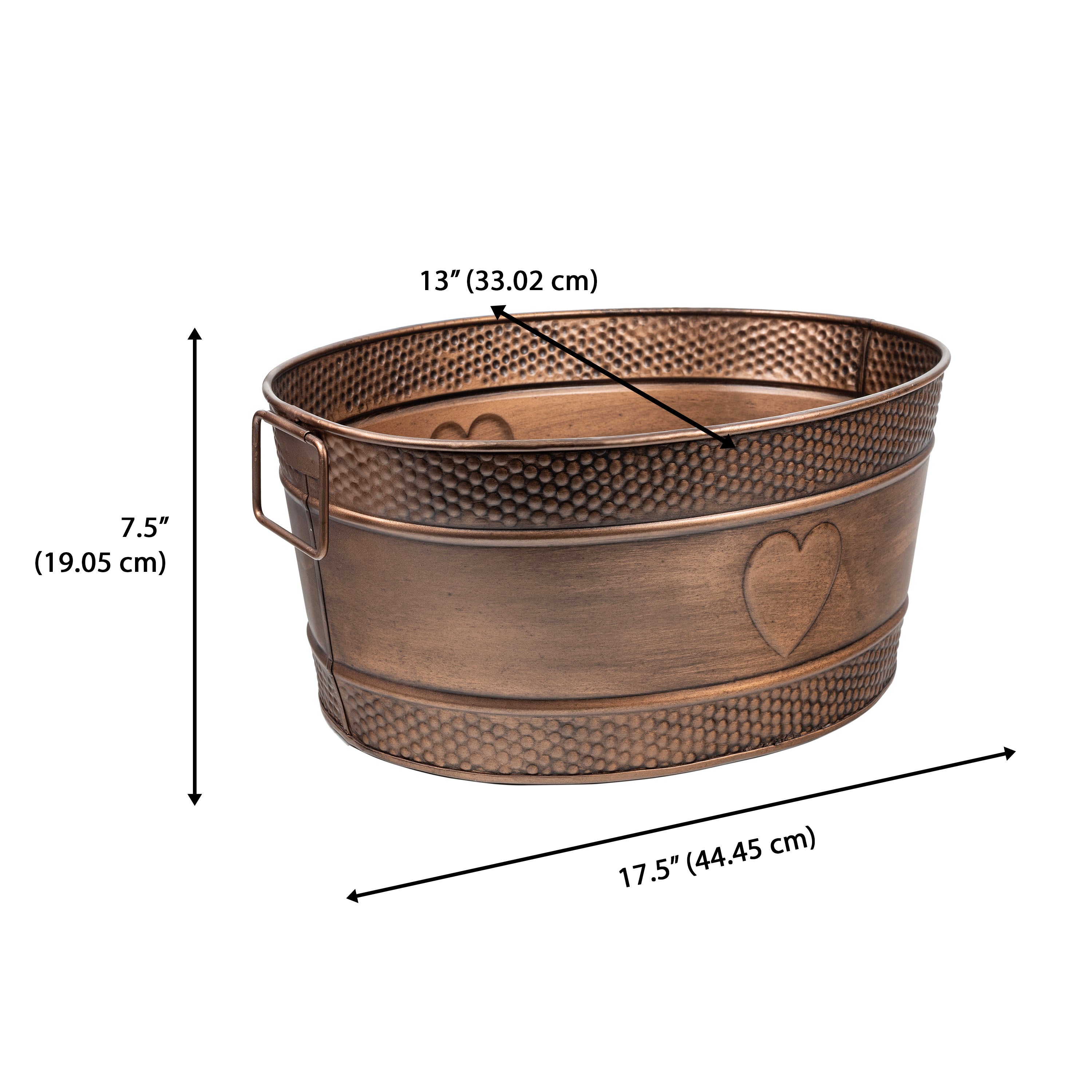 Ruth 15 Quart Vintage Farmhouse Oval Decoratvie Hammered Metal Embossed Heart Pet Toy Storage Bin with Side Handles - Antique Copper