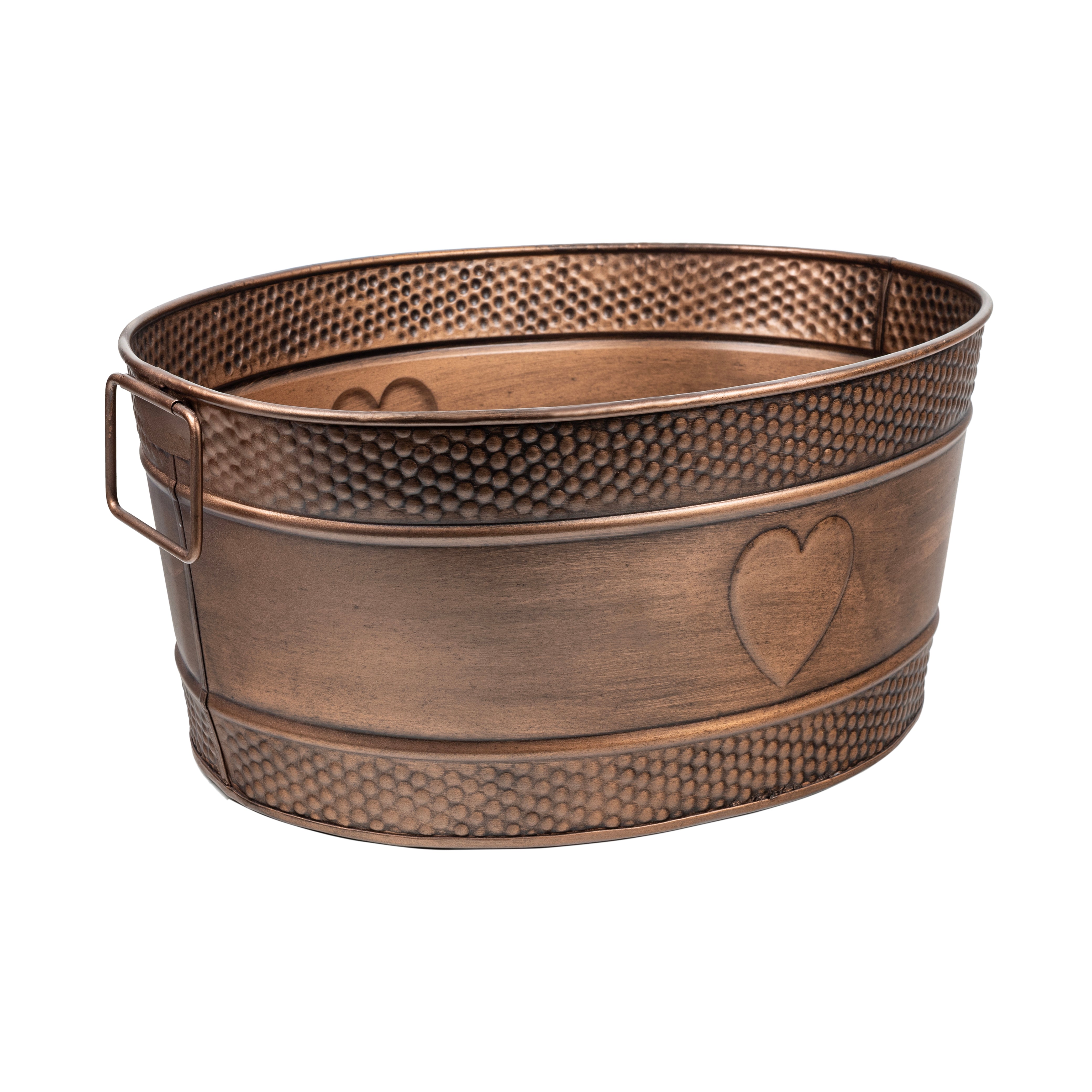 Ruth 15 Quart Vintage Farmhouse Oval Decoratvie Hammered Metal Embossed Heart Pet Toy Storage Bin with Side Handles - Antique Copper