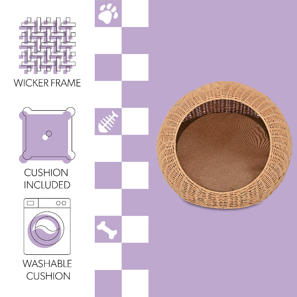 Fiora Modern Circular Faux Wicker Pet Bed with Machine-Washable Cushion