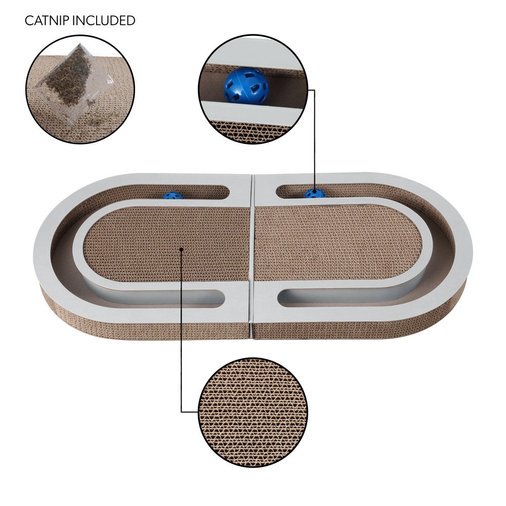 Balla 26” Foldable Double Sided Interactive Cardboard Cat Scratcher Lounge Pad with Ball and Catnip