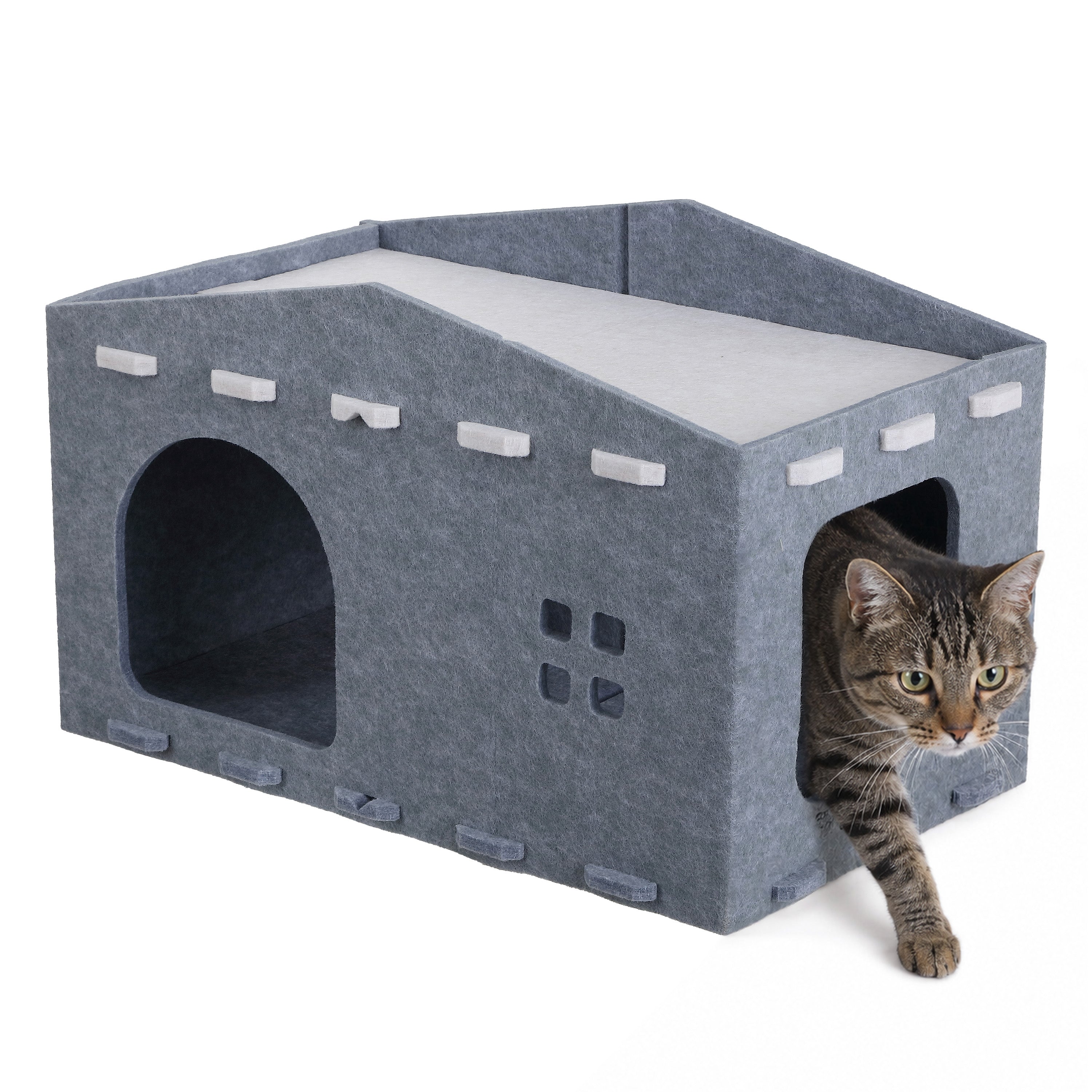 Graham 20.5 in. Modern Minimalist Felt Cat House with Rooftop Lounge Bed - Gray