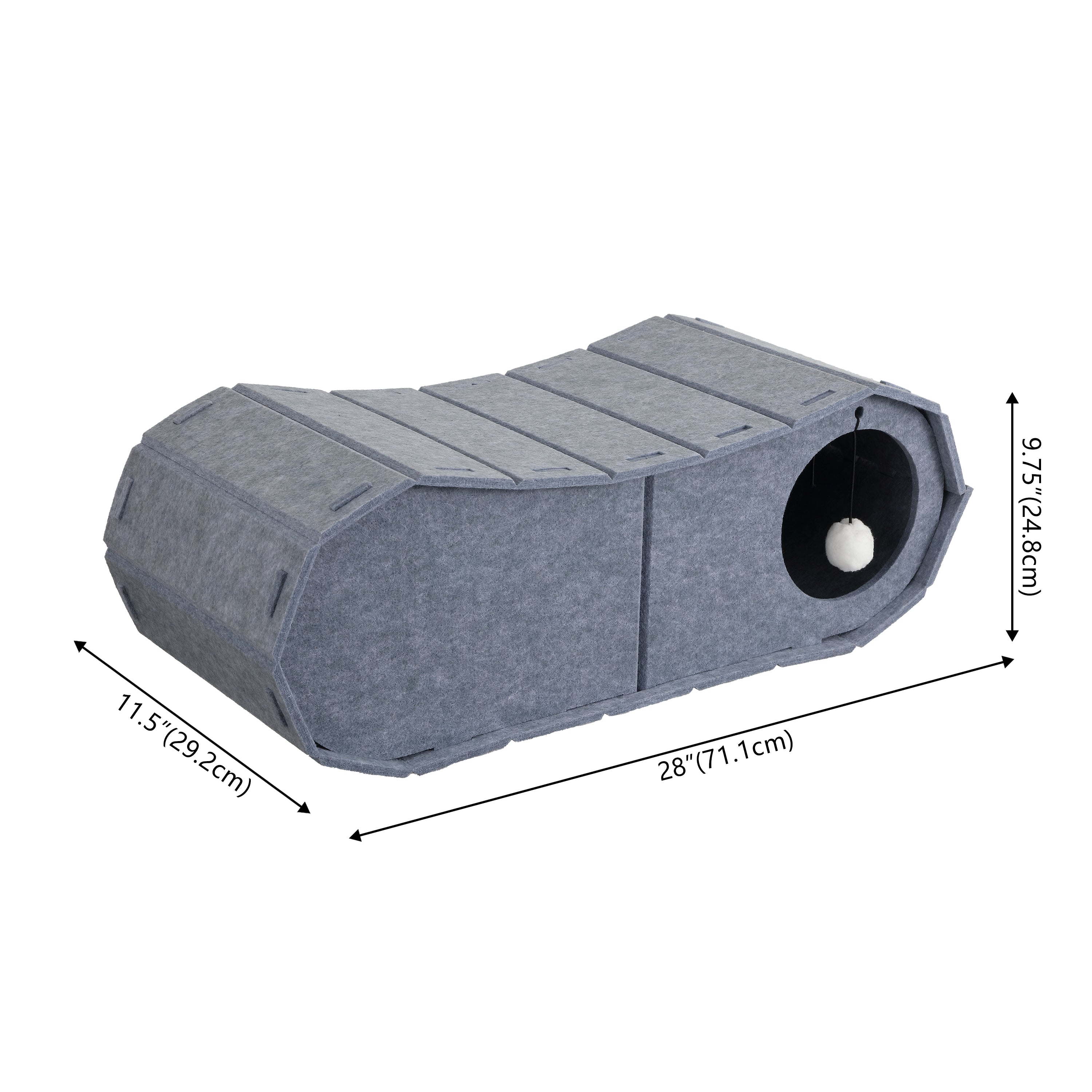 Miles 28 in. Modern Felt Cat Bed Cave Tunnel Scratcher and Lounge Bed with Hanging Ball Toy - Gray