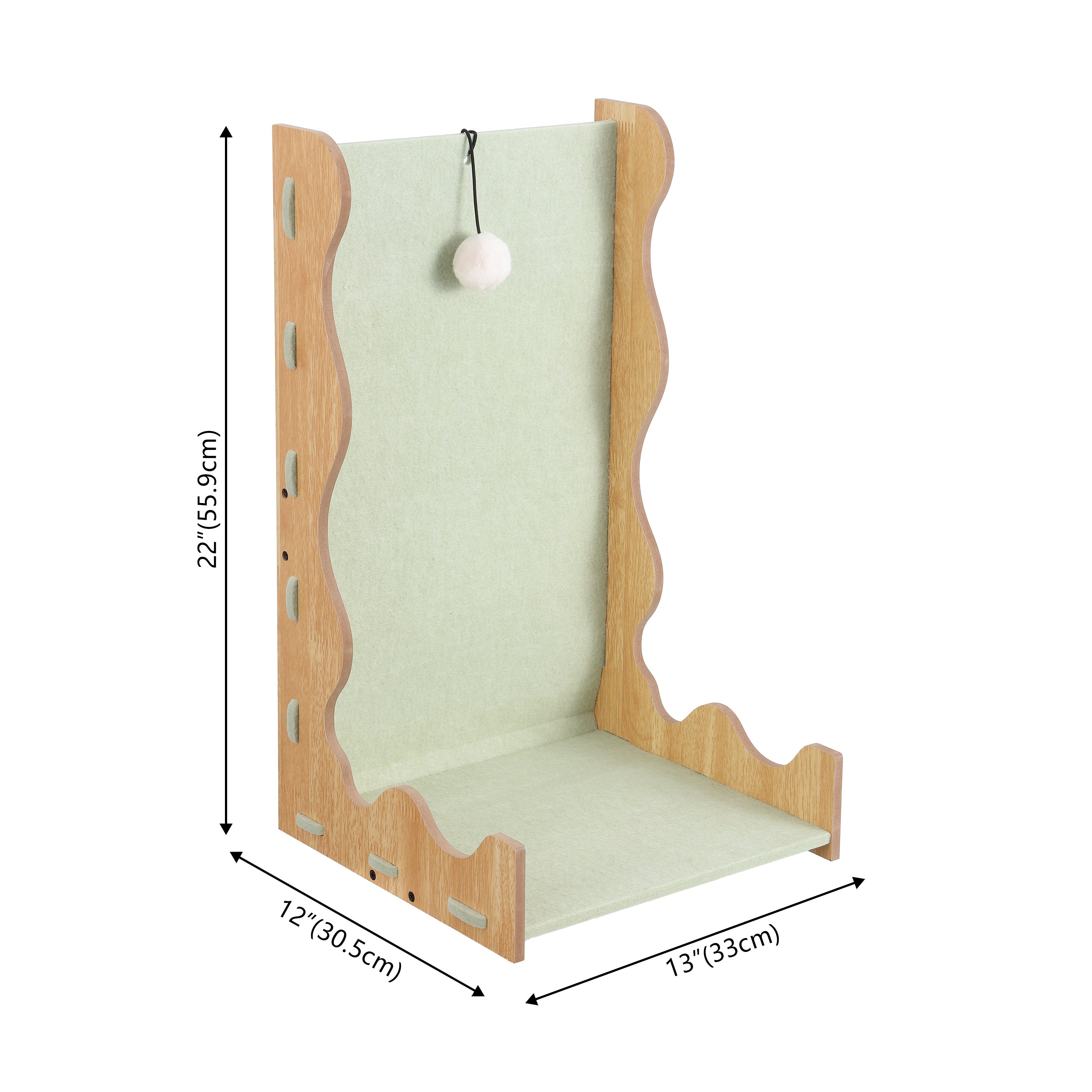 Toby 22 in. Modern L-Shaped Felt Cat Scratcher with Hanging Ball Toy - Sage Green