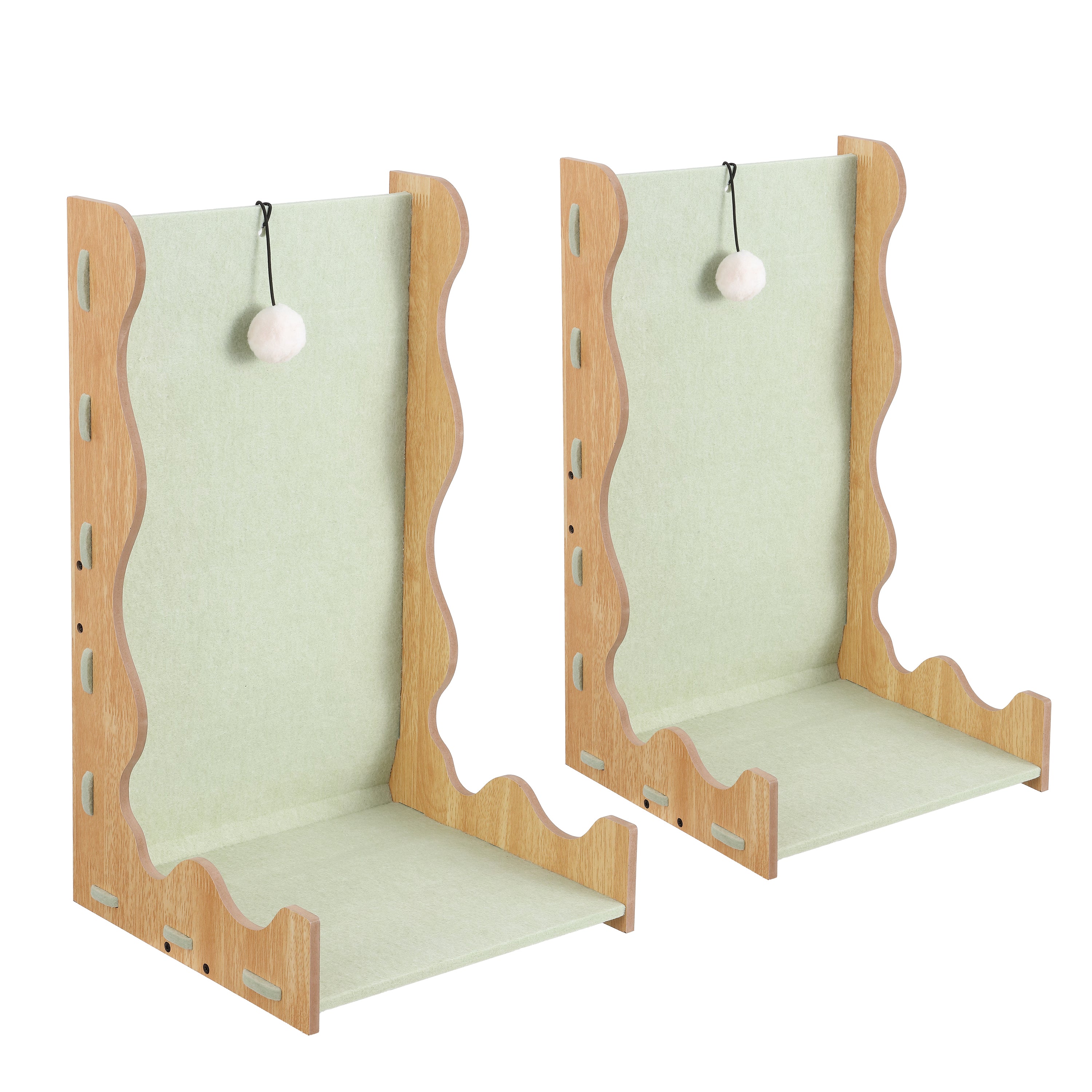 Toby 22 in. Modern L-Shaped Felt Cat Scratcher with Hanging Ball Toy - Sage Green