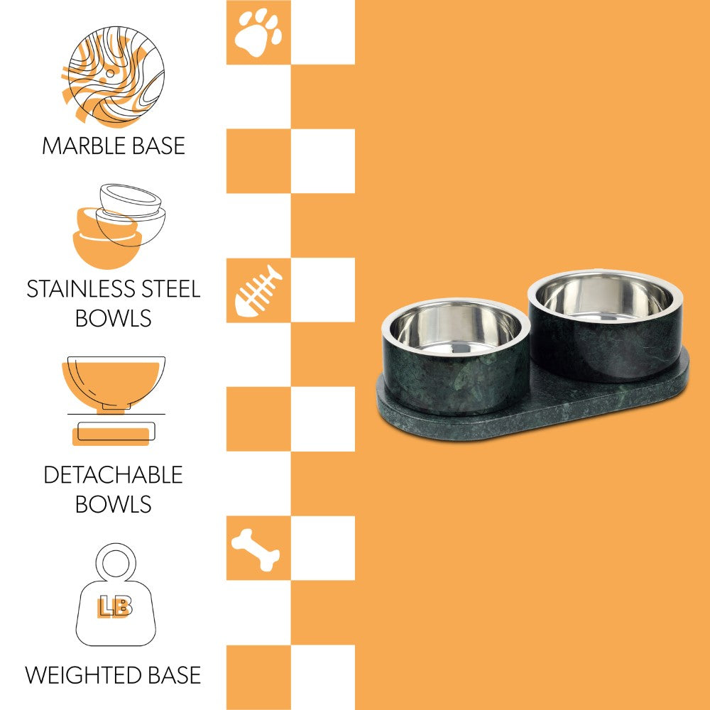 Marbre Small/Medium Modern Weighted Double Marble and Stainless Steel Bowl 12oz (1.5 Cups) Feeder with Non-Slip Marble Tray Set
