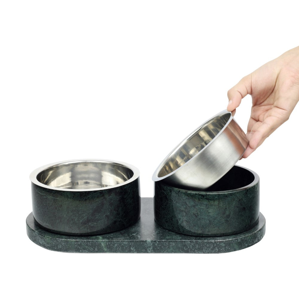 Marbre Small/Medium Modern Weighted Double Marble and Stainless Steel Bowl 12oz (1.5 Cups) Feeder with Non-Slip Marble Tray Set