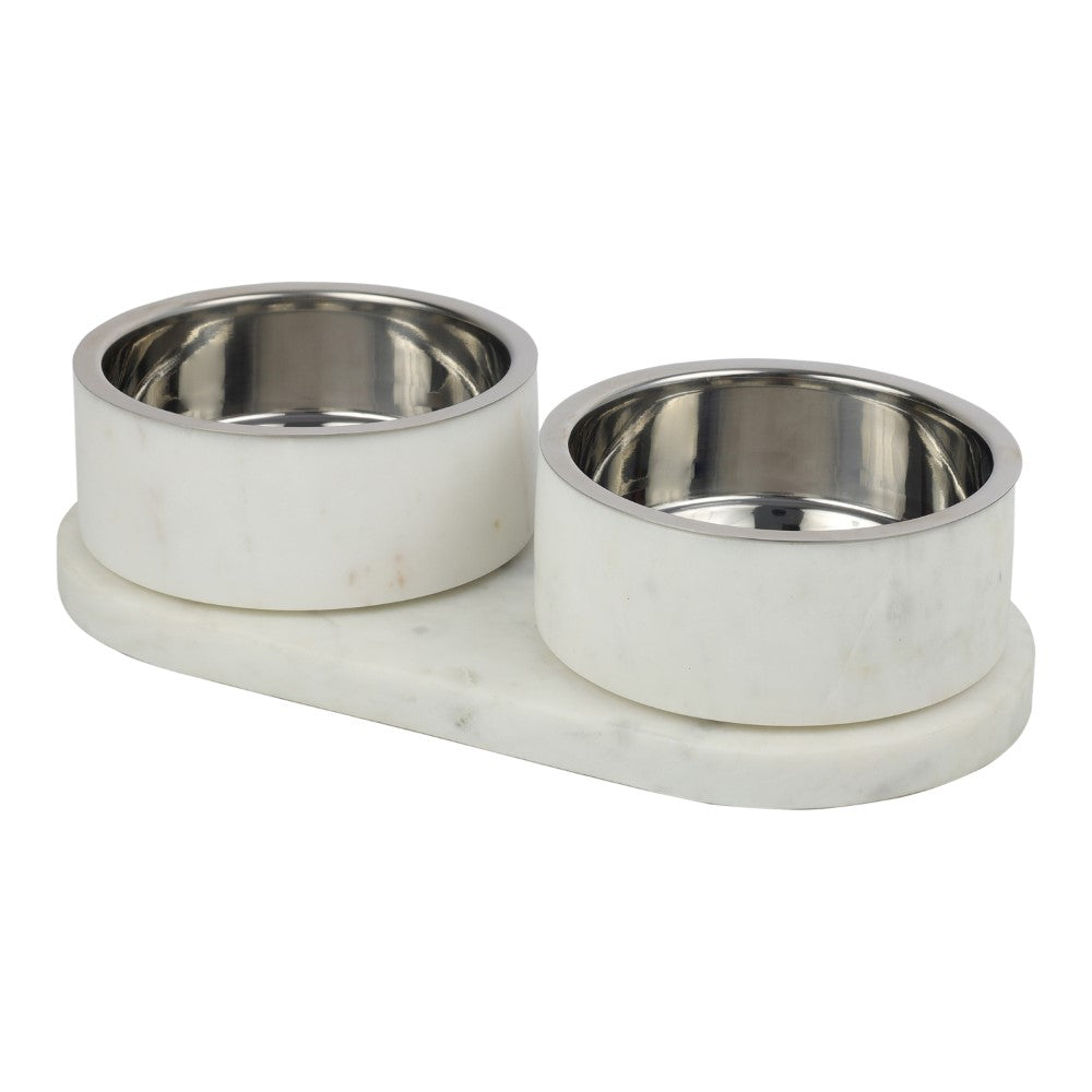 Marbre Small/Medium Modern Weighted Double Marble and Stainless Steel Bowl 12oz (1.5 Cups) Feeder with Non-Slip Marble Tray Set