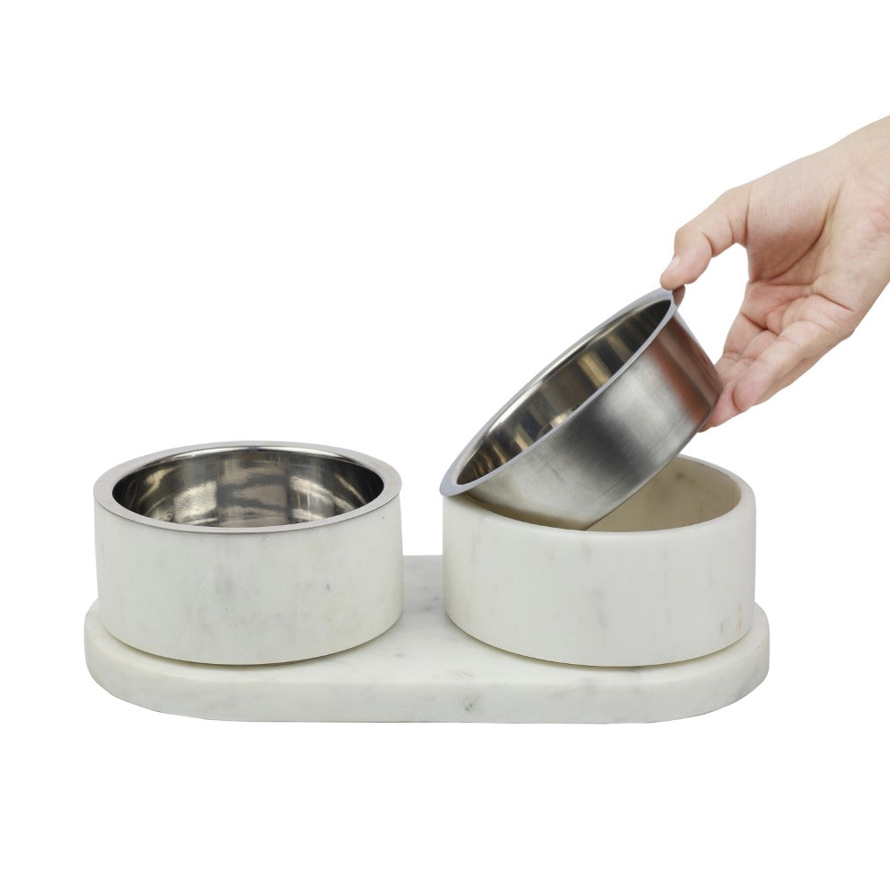 Marbre Small/Medium Modern Weighted Double Marble and Stainless Steel Bowl 12oz (1.5 Cups) Feeder with Non-Slip Marble Tray Set