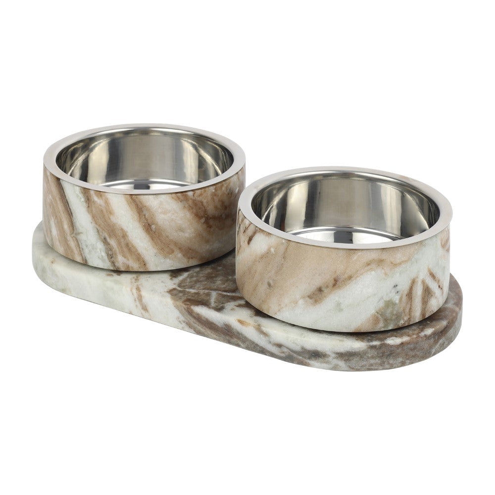 Marbre Small/Medium Modern Weighted Double Marble and Stainless Steel Bowl 12oz (1.5 Cups) Feeder with Non-Slip Marble Tray Set