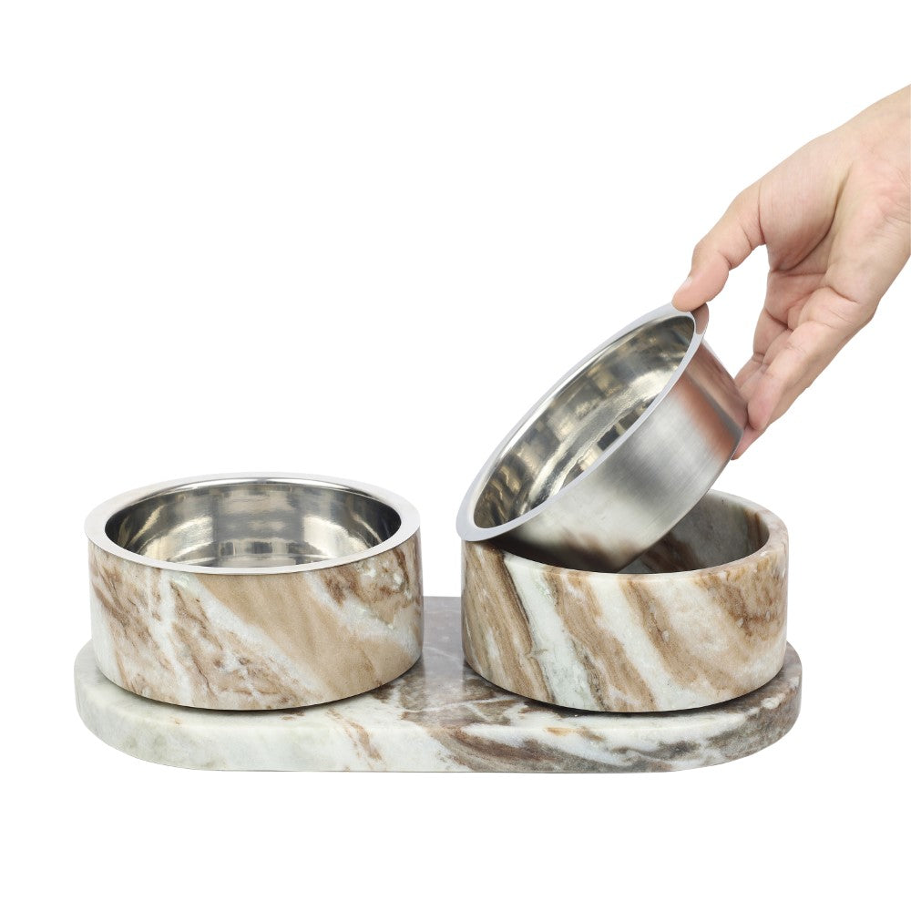 Marbre Small/Medium Modern Weighted Double Marble and Stainless Steel Bowl 12oz (1.5 Cups) Feeder with Non-Slip Marble Tray Set