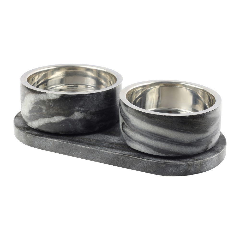 Marbre Small/Medium Modern Weighted Double Marble and Stainless Steel Bowl 12oz (1.5 Cups) Feeder with Non-Slip Marble Tray Set