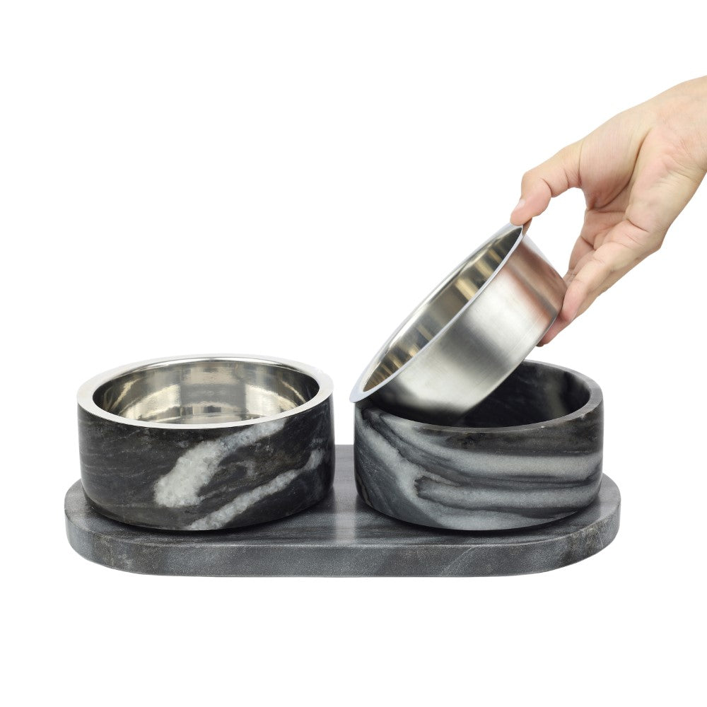 Marbre Small/Medium Modern Weighted Double Marble and Stainless Steel Bowl 12oz (1.5 Cups) Feeder with Non-Slip Marble Tray Set