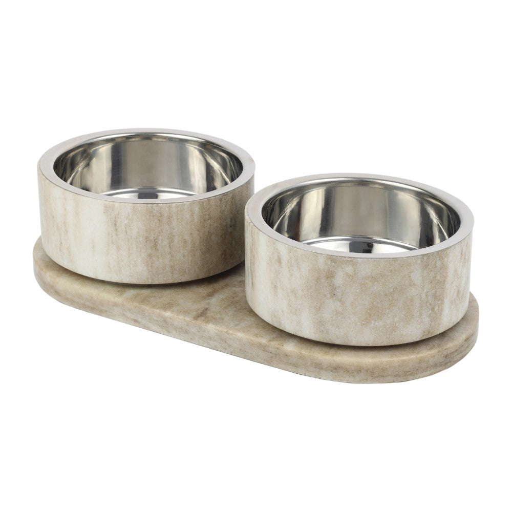 Marbre Small/Medium Modern Weighted Double Marble and Stainless Steel Bowl 12oz (1.5 Cups) Feeder with Non-Slip Marble Tray Set